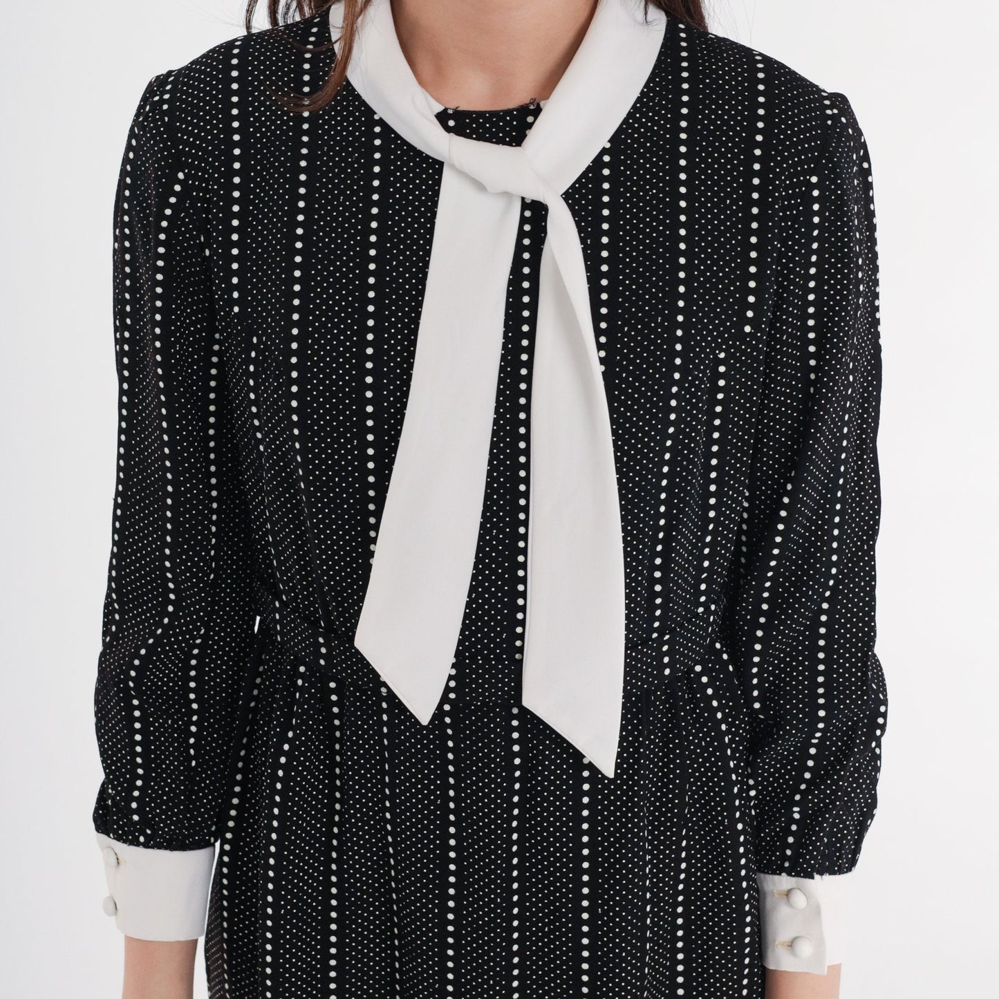 60s Lanz Originals Mod Mini Dress Black White Dot Ascot Tie Small