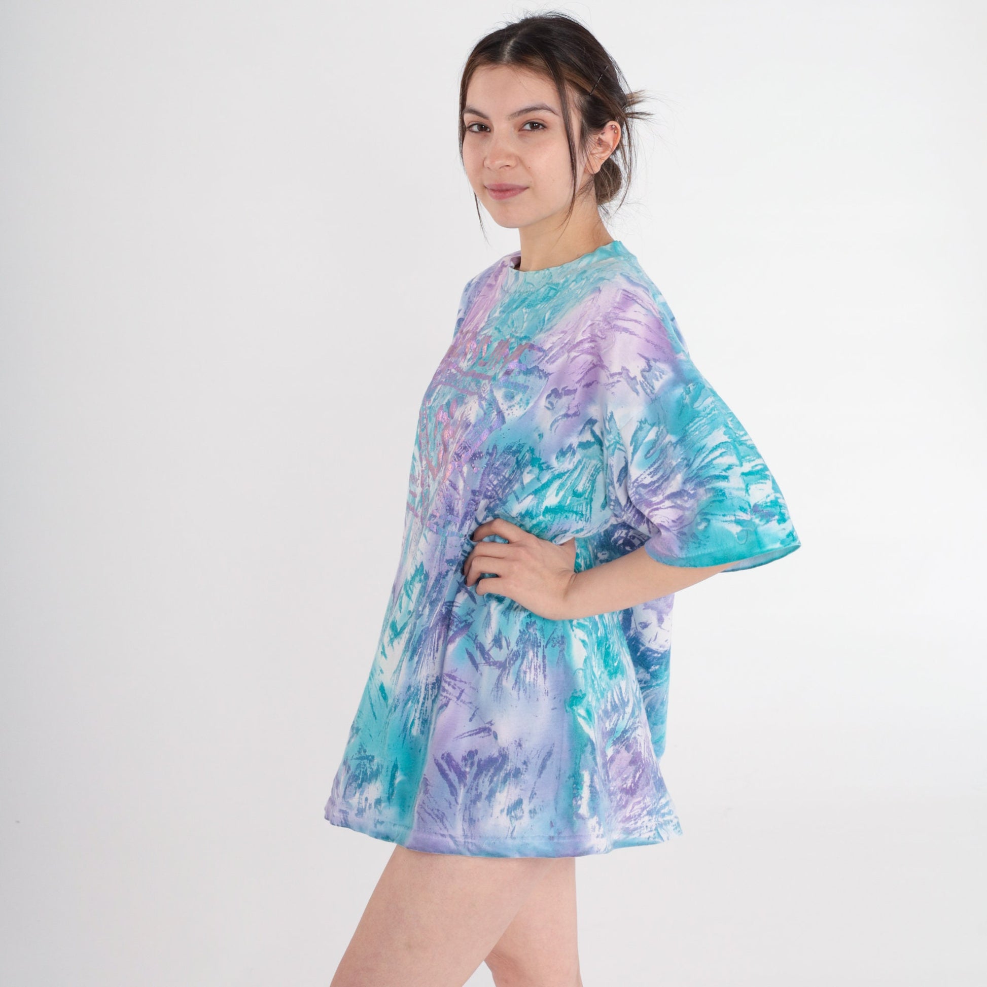 90s Genuine Tie Dye Graphic T-Shirt Blue White Purple Metallic Paint One Size