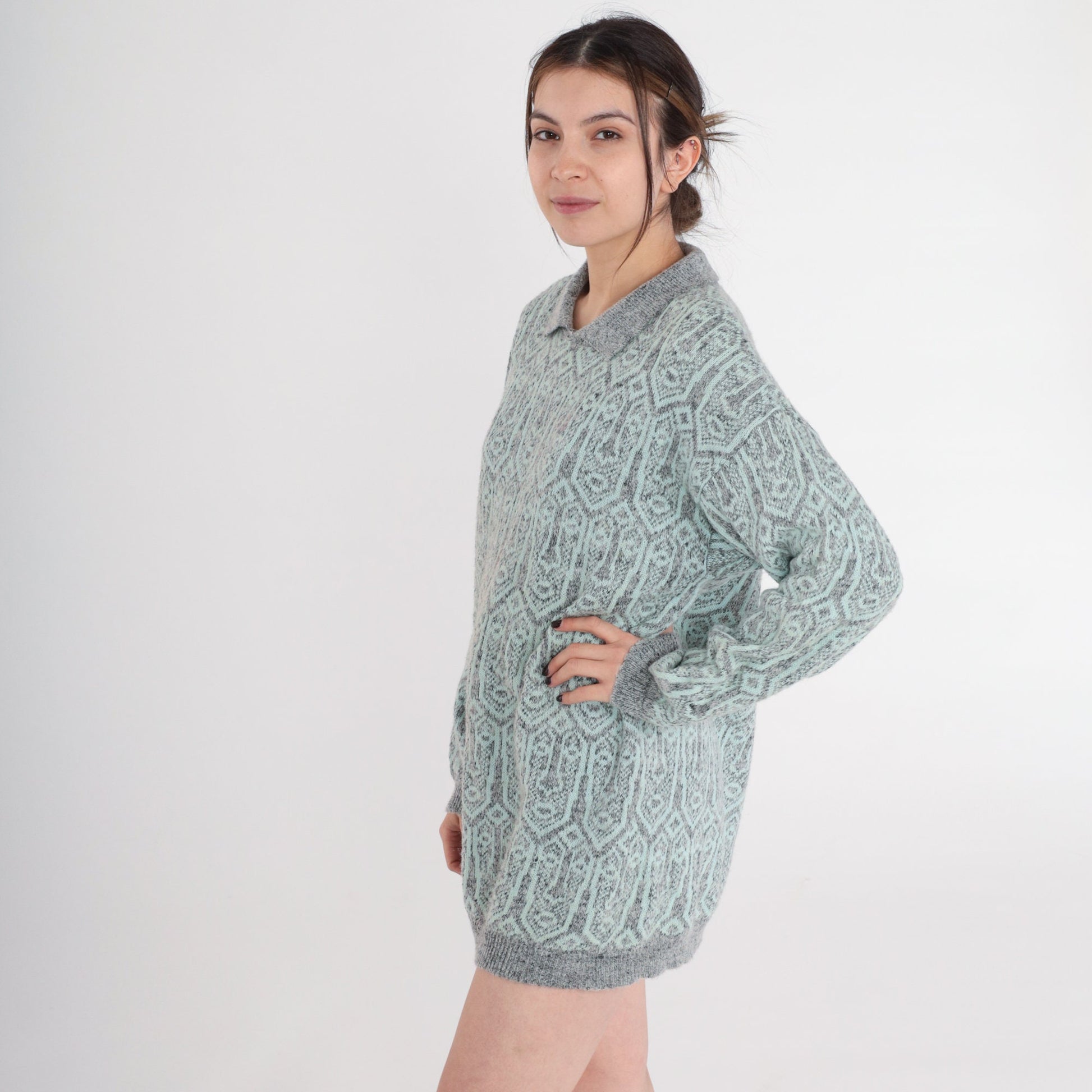 90s Face Print Collared Knit Sweater Grey Blue Pullover Medium M