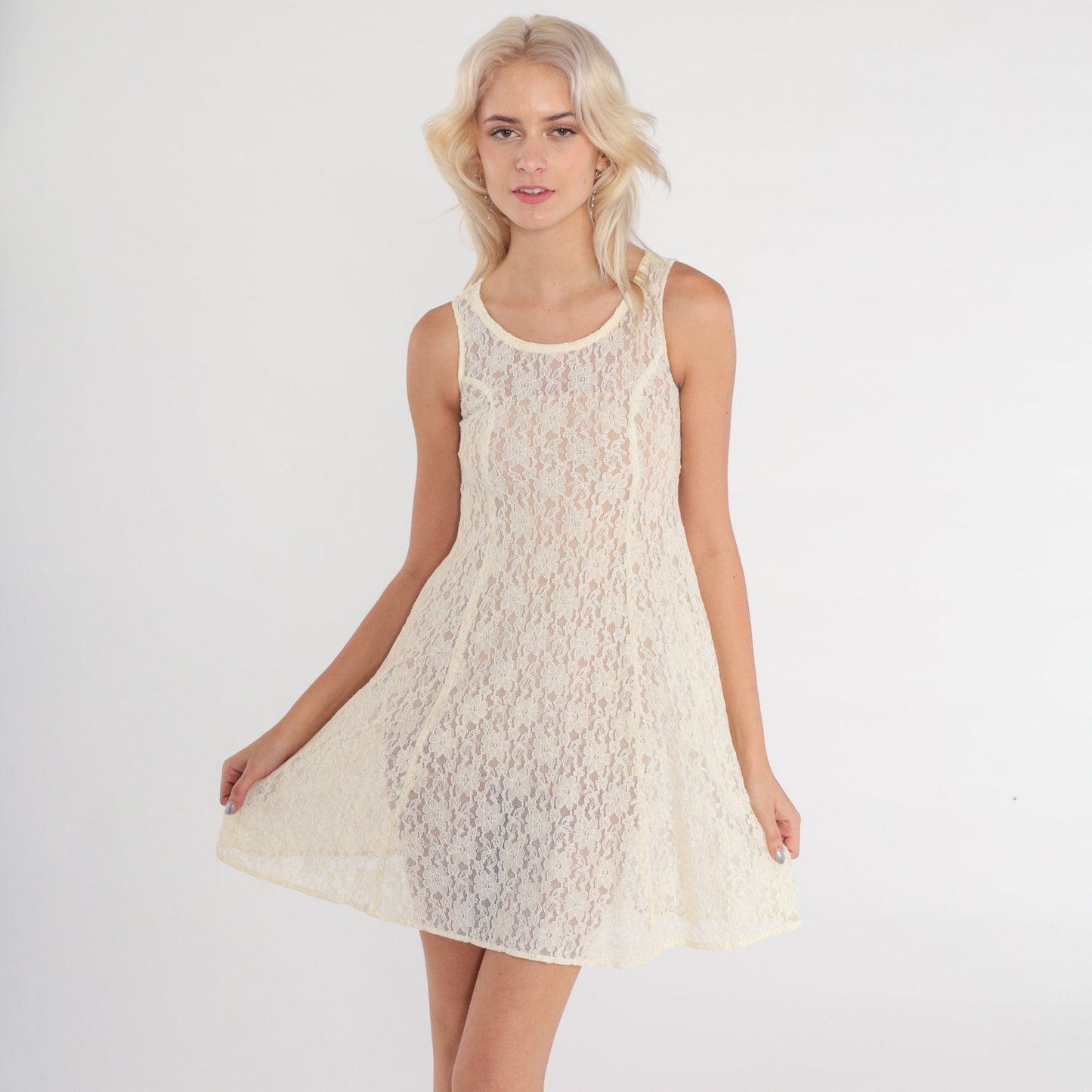 90s Cream Floral Lace Mini Dress Sleeveless Skater Cut XXS
