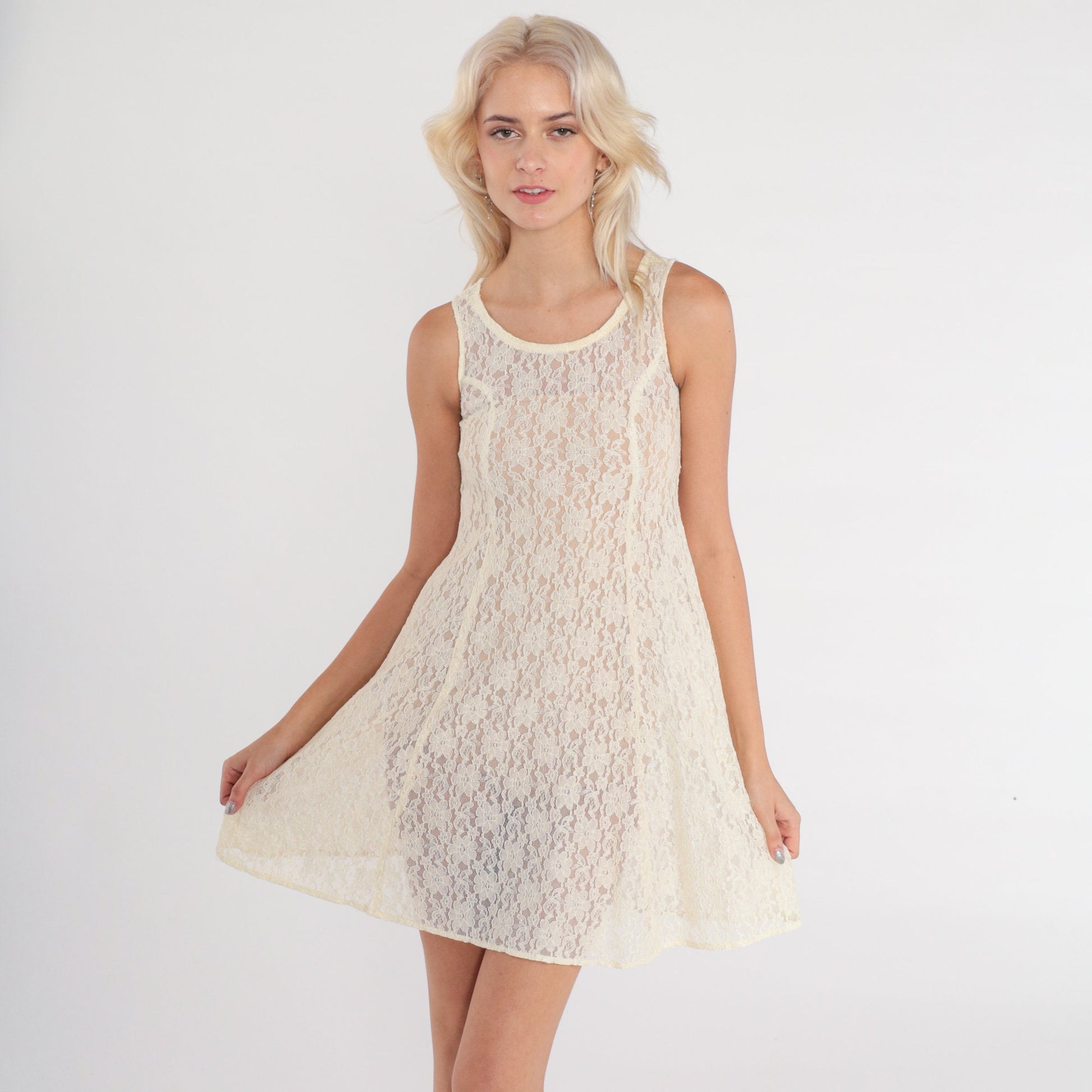 90s Cream Floral Lace Mini Dress Sleeveless Skater Cut XXS