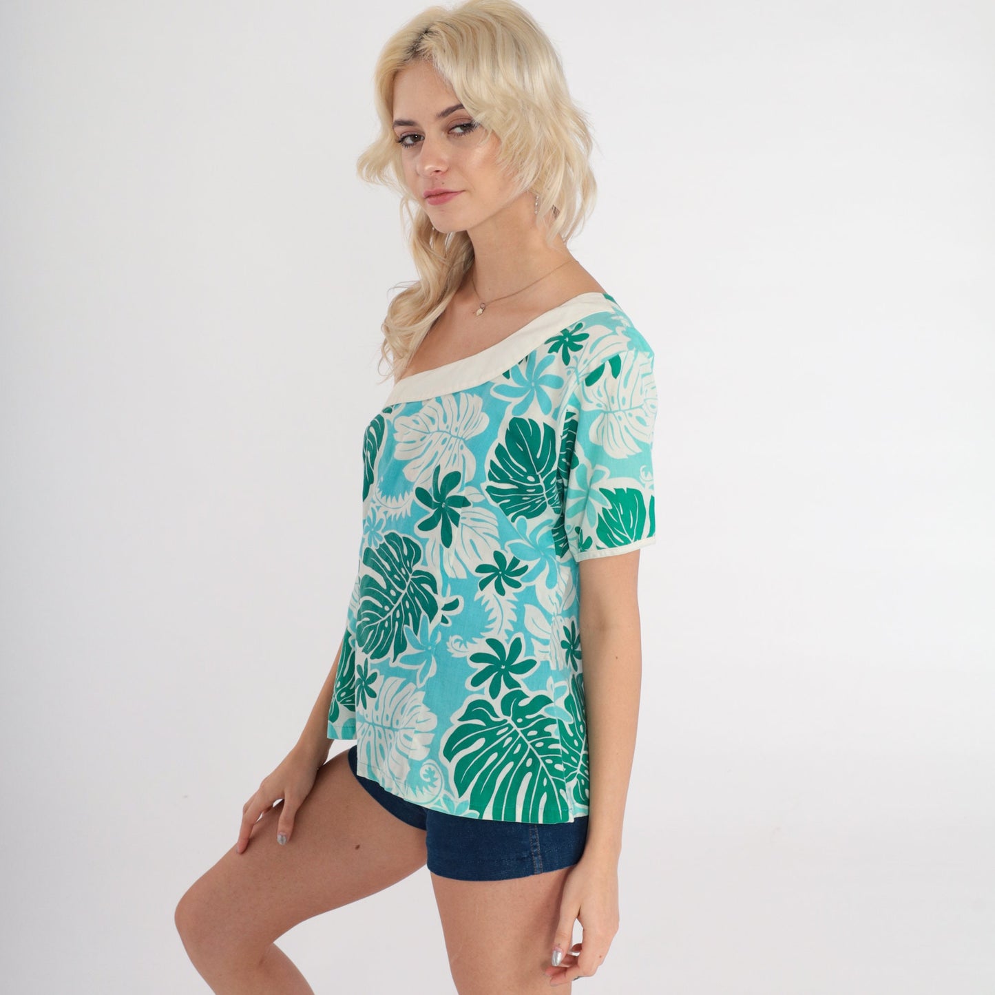 70s Hawaiian Floral One-Shoulder Blouse Blue Green Cotton Small