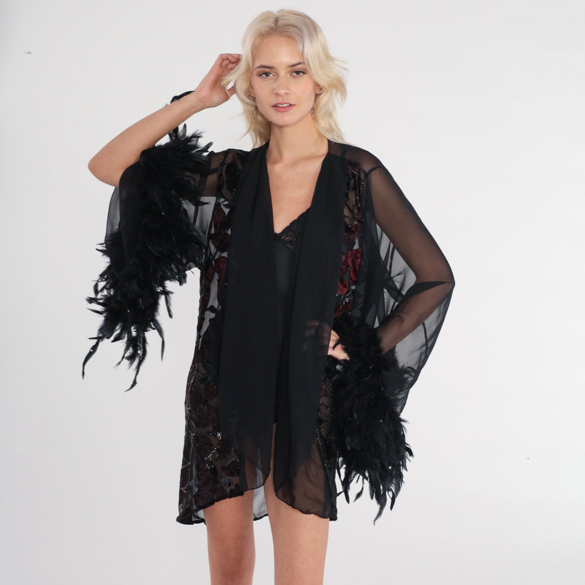 90s Fredricks of Hollywood Black Sheer Robe Velvet Burnout Leaf Feather Trim Medium Large