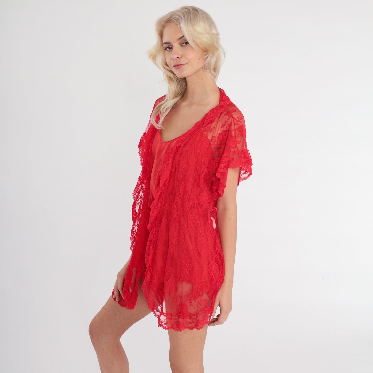 80s Mervyn's Red Lace Floral Lingerie Robe Open Front Short Sleeve One Size