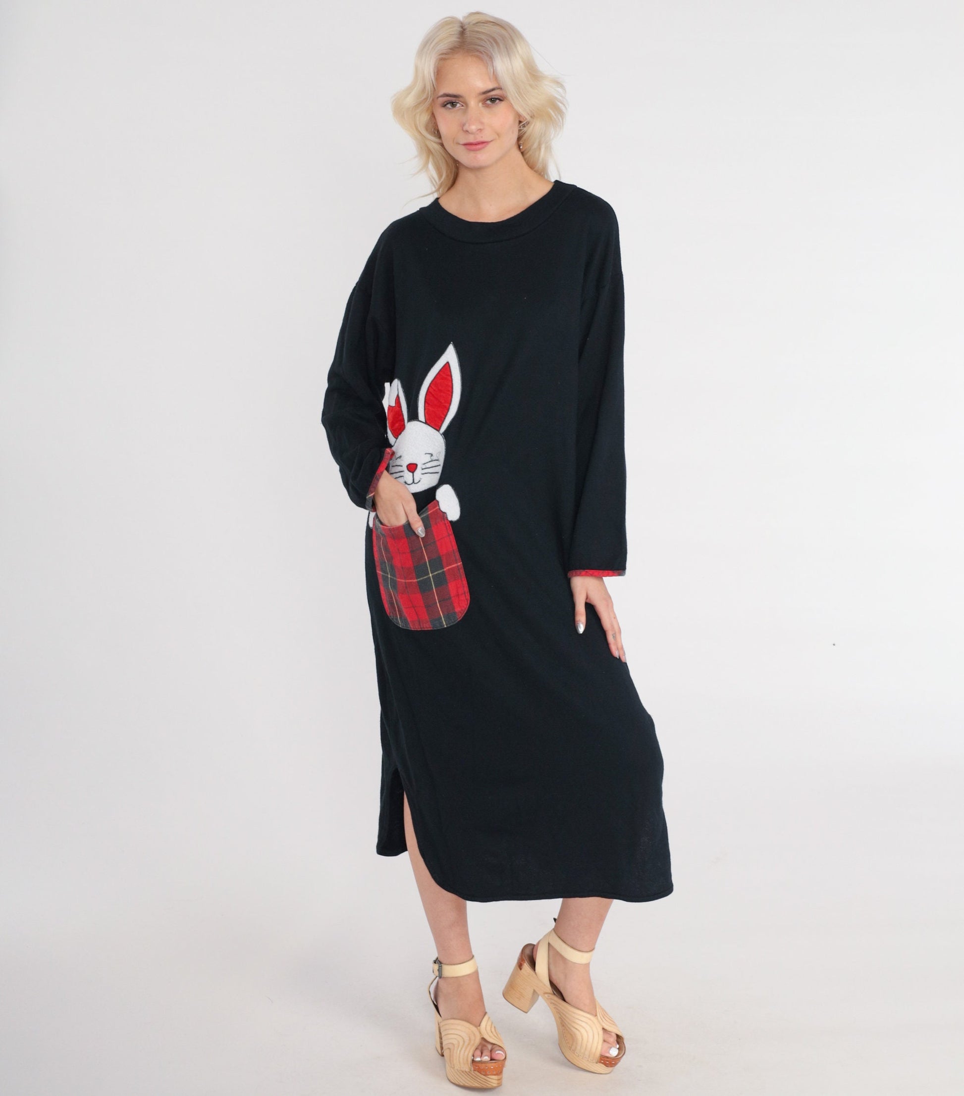 90s Bunny Pajama Dress Black Plaid Pocket Midi Nightgown Long Sleeve Small