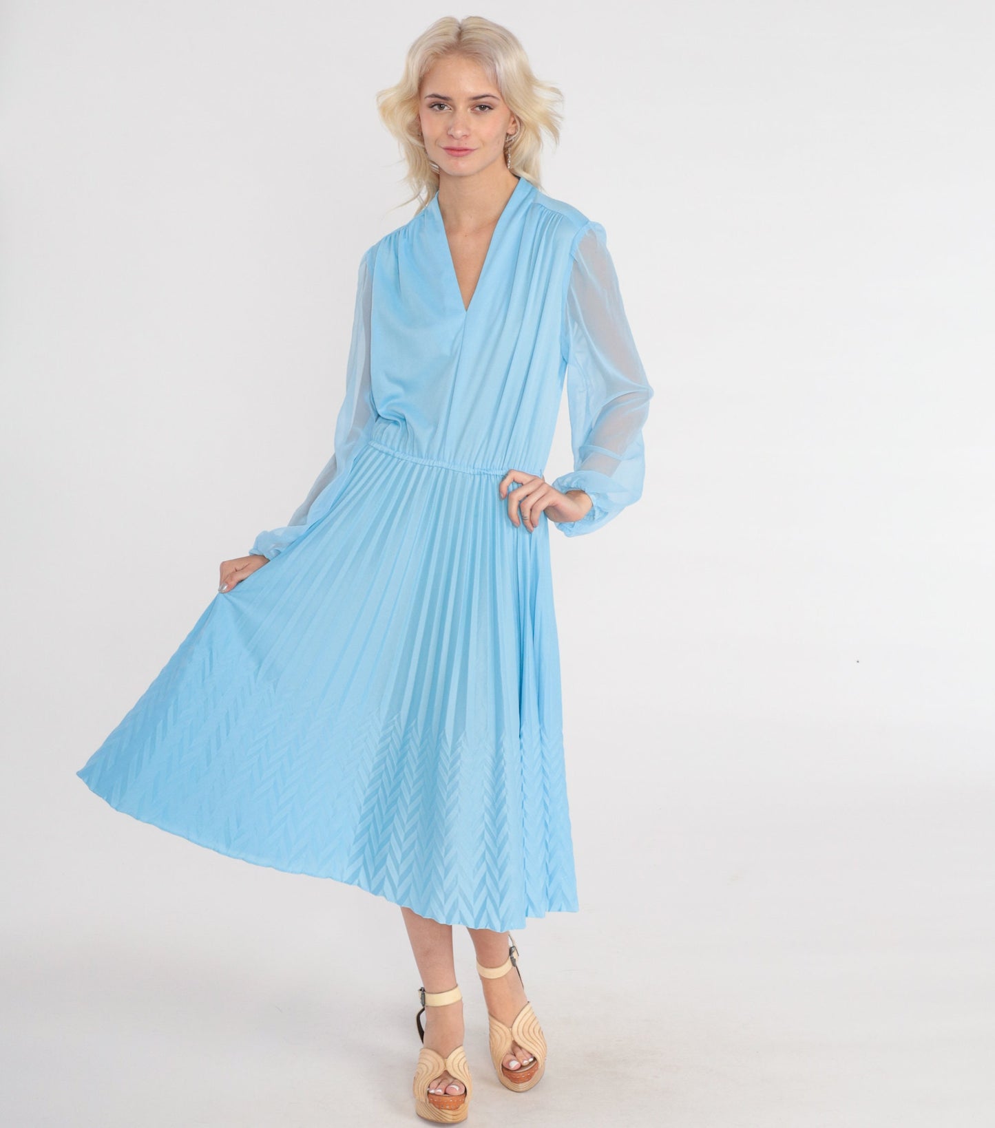 70s Blue Midi Dress V-Neck High Waisted Knife Pleated Sheer Sleeve Medium M