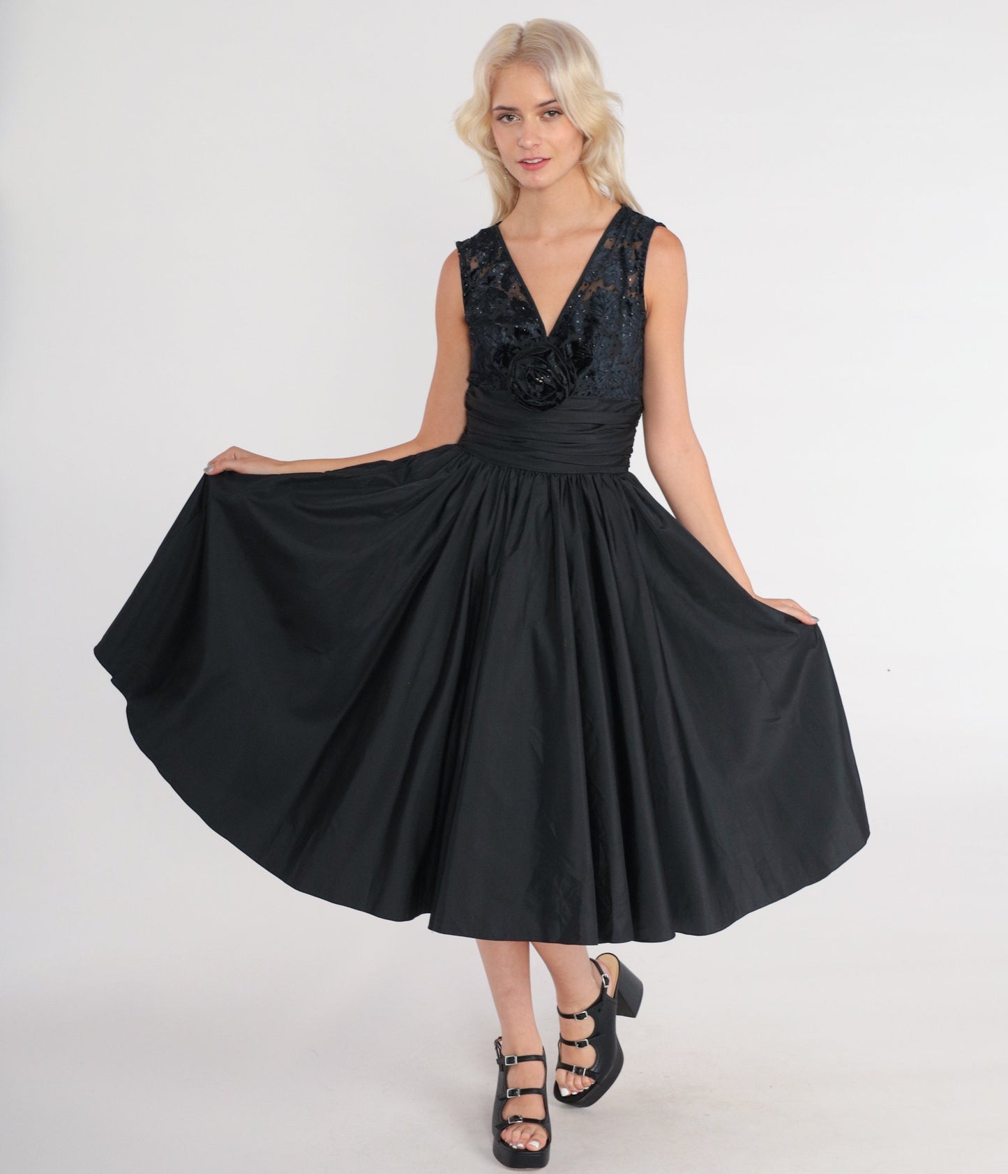 80s Black Velvet Burnout Midi Dress Beaded Rosette V-Neck Lace-Up Back Small