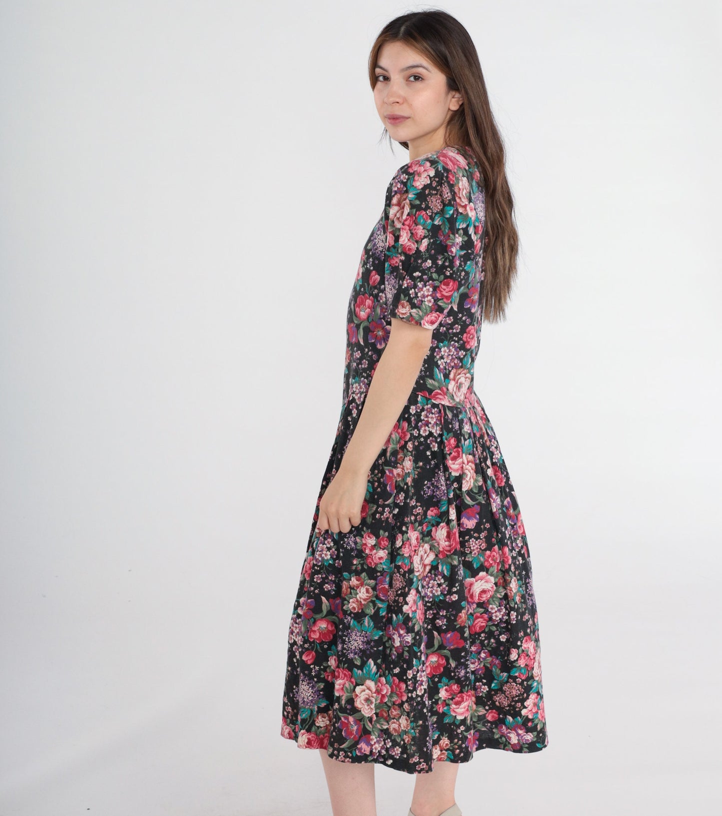 80s Forenza Floral Midi Dress Puff Sleeve Drop Waist Pink Extra Small