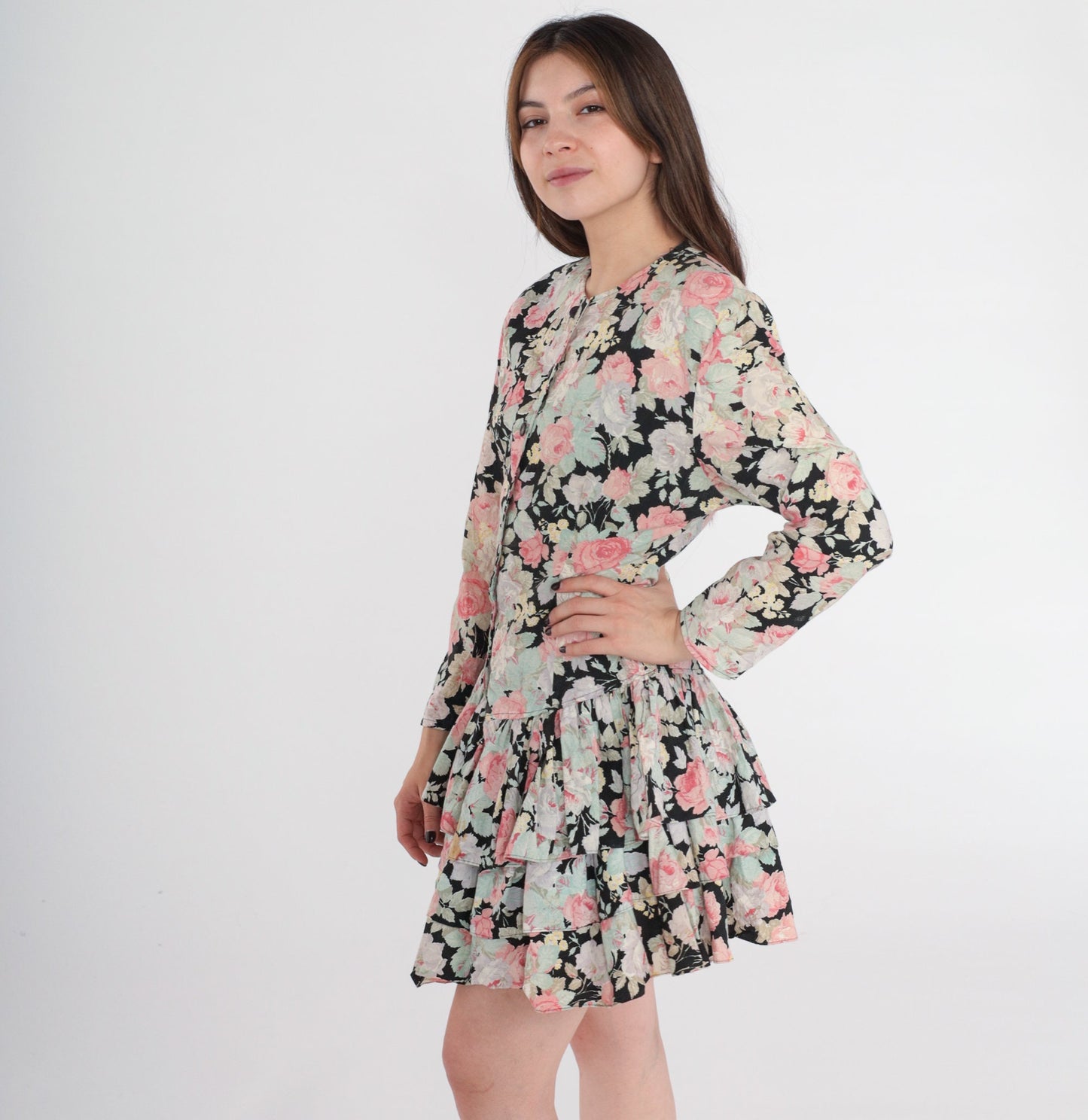80s Byer Too Floral Mini Dress Drop Waist Tiered Ruffle Cotton Small