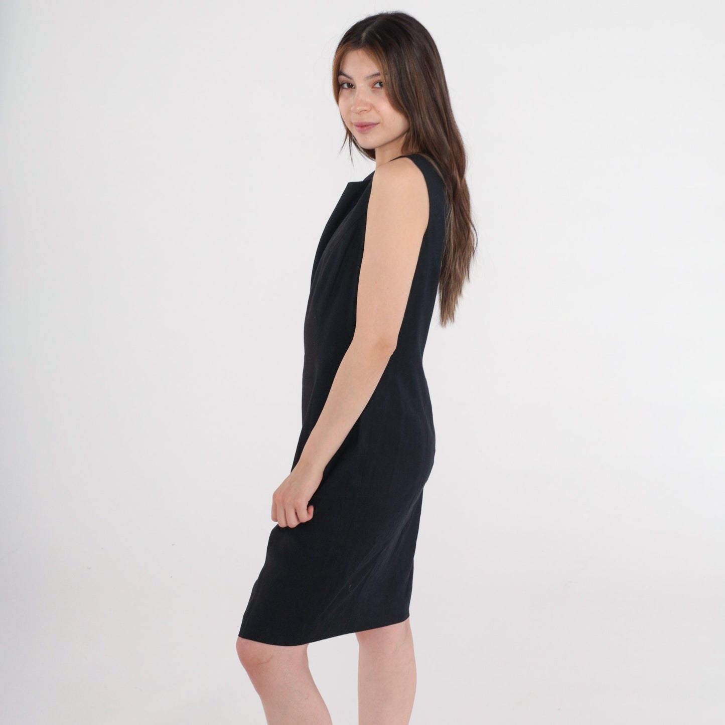 90s Black Mini Sheath Dress Sleeveless Round Neck Linen Rayon Medium M