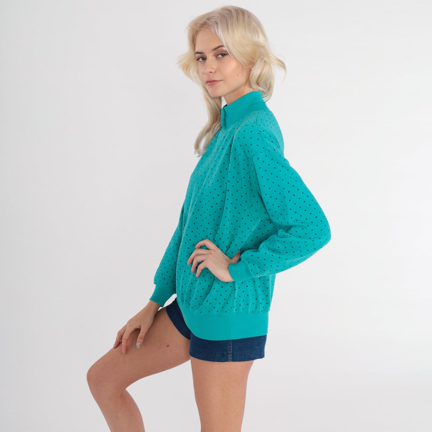 90s Polka Dot Mock Neck Sweatshirt Turquoise Green Small S