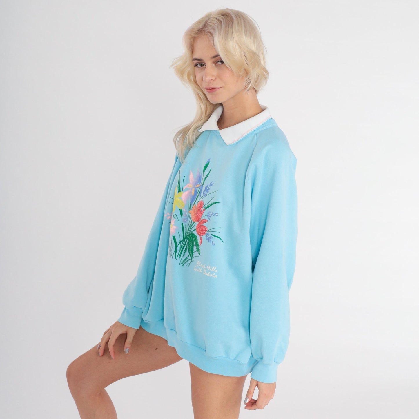 80s Black Hills South Dakota Floral Raglan Sweatshirt Baby Blue Collared Extra Large XXL