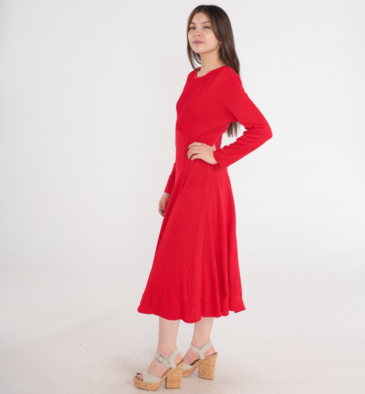 80s Red Midi Dress High Waist Pleated Long Sleeve Medium
