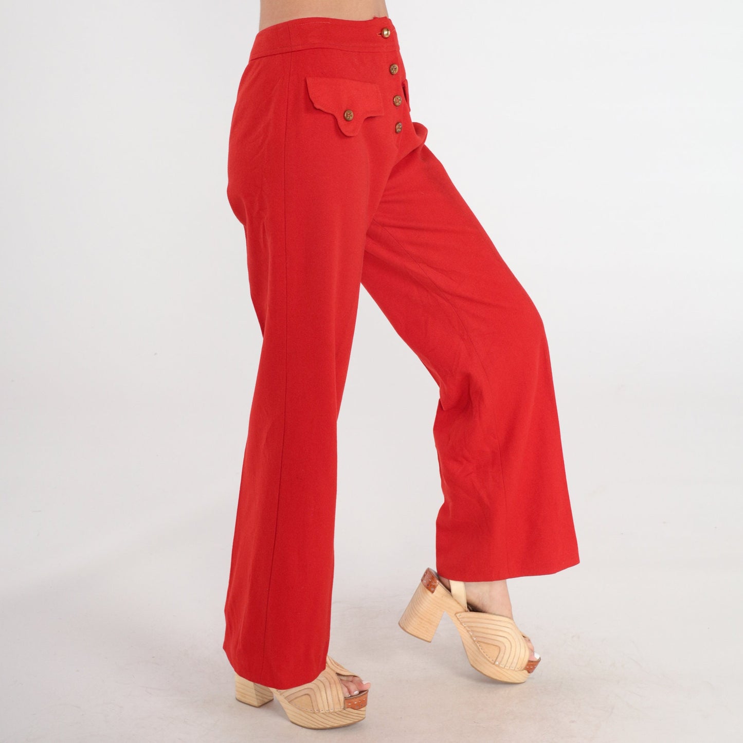 70s Red Wool Bell Bottom Trousers High Waist Button Fly Small