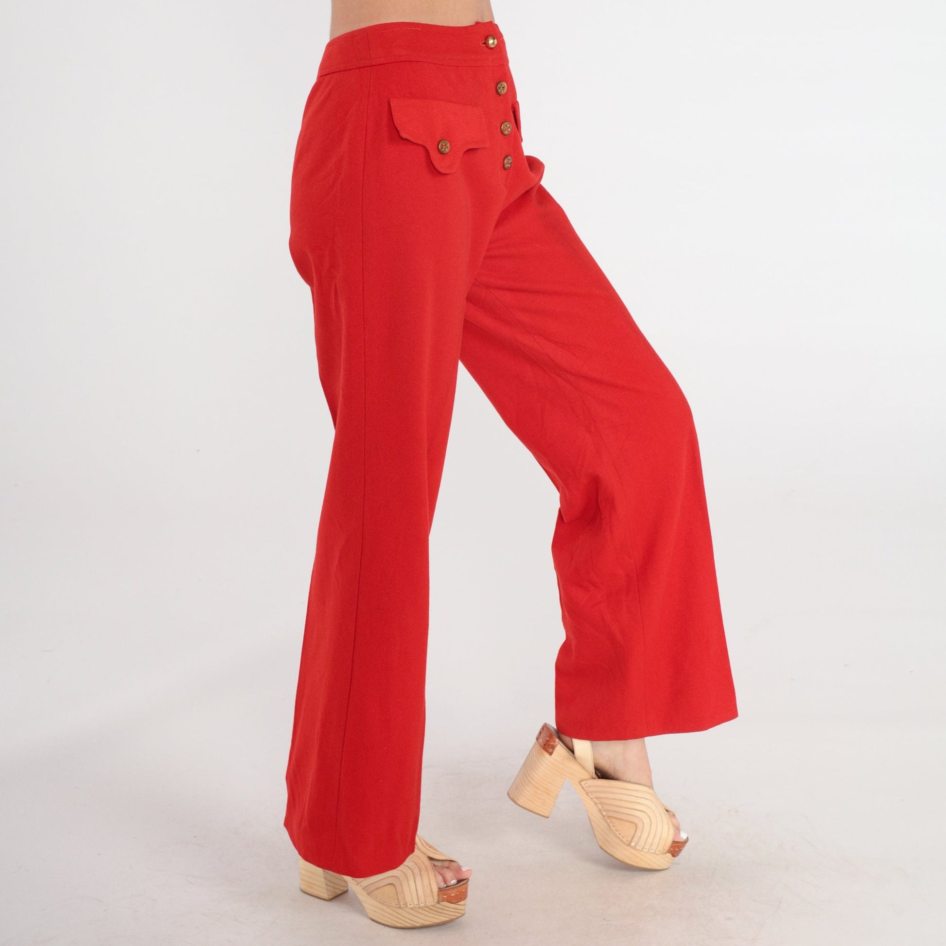 70s Red Wool Bell Bottom Trousers High Waist Button Fly Small