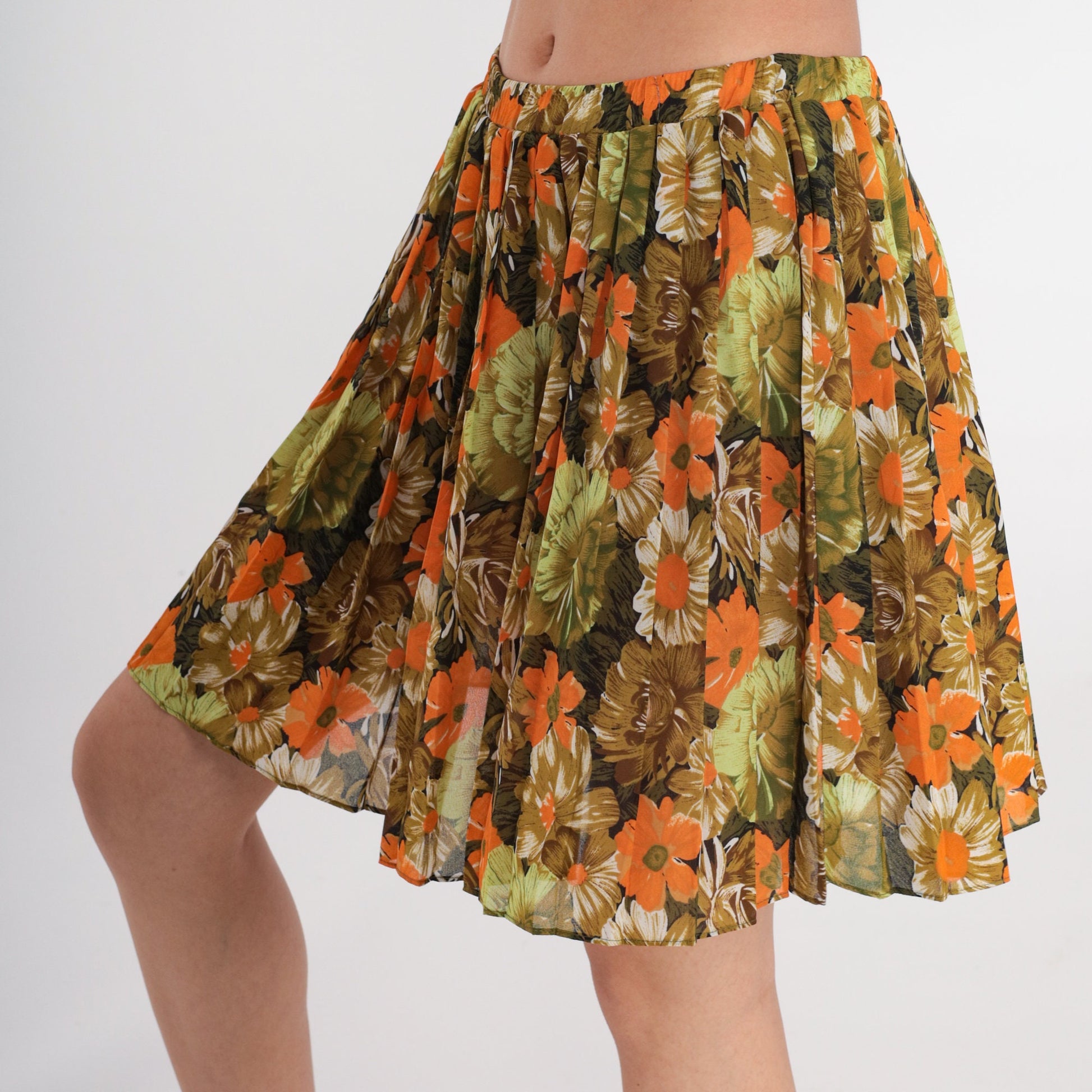 80s Floral Pleated Mini Skirt Olive Green Orange Flower Print Small Medium