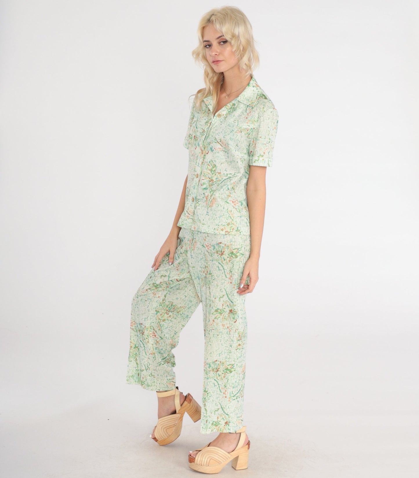70s Floral Tile Print Two Piece Set Button Blouse Straight Pants Medium Large