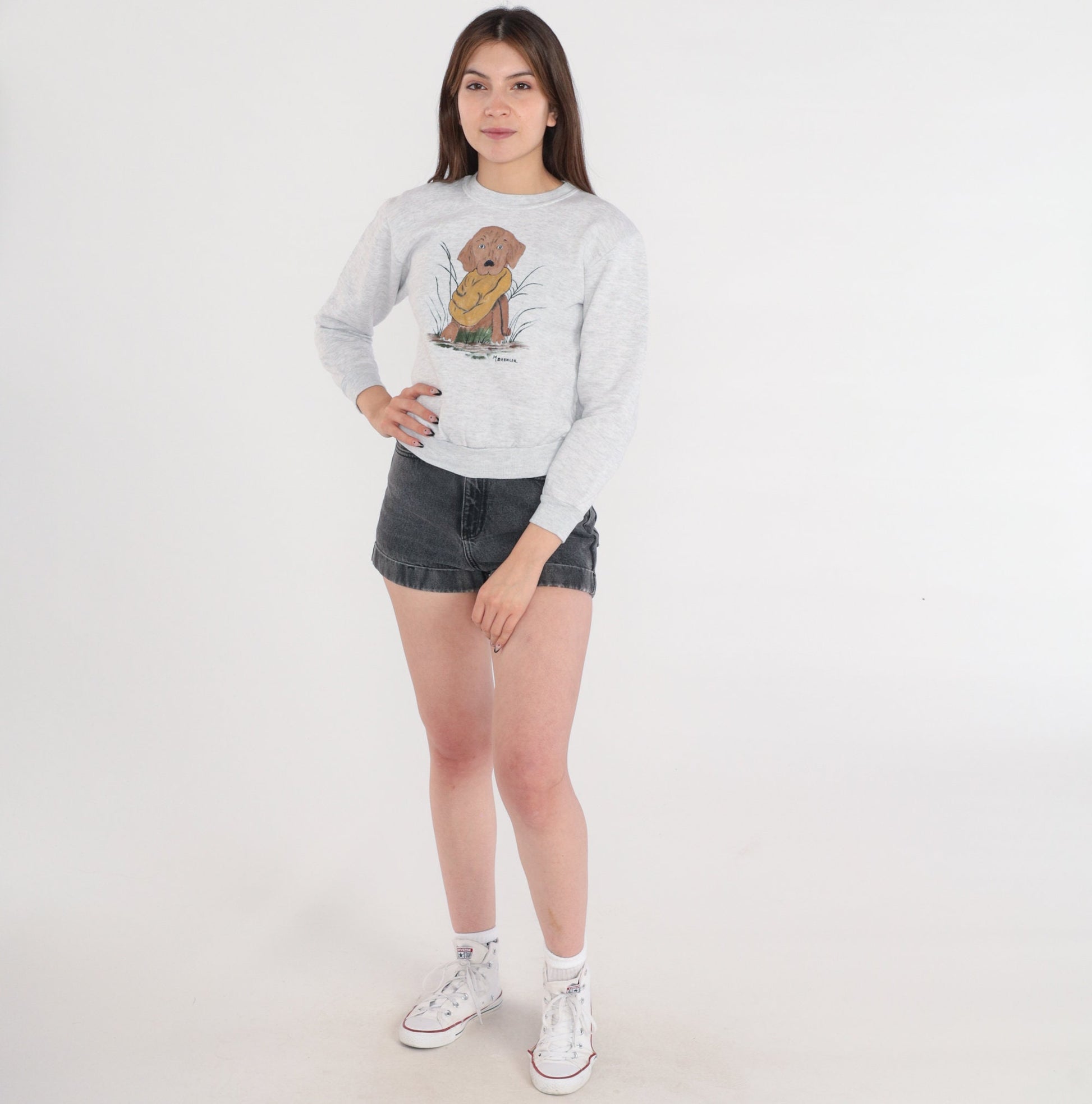 90s Chocolate Lab Painting Sweatshirt Heather Grey Graphic Crewneck XXS