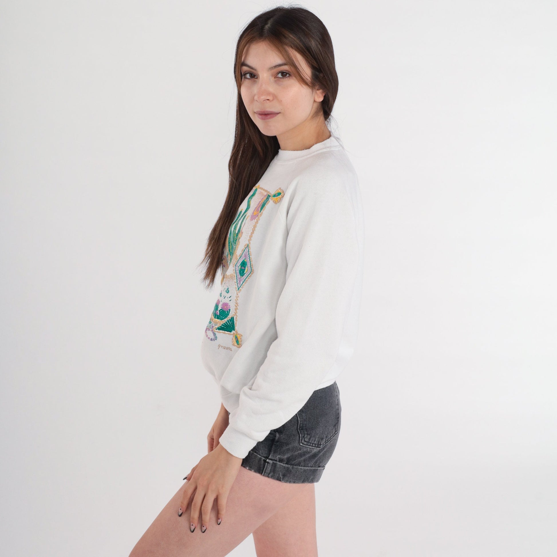 90s Arizona Desert Glitter Sweatshirt White Cactus Graphic Crewneck Medium M
