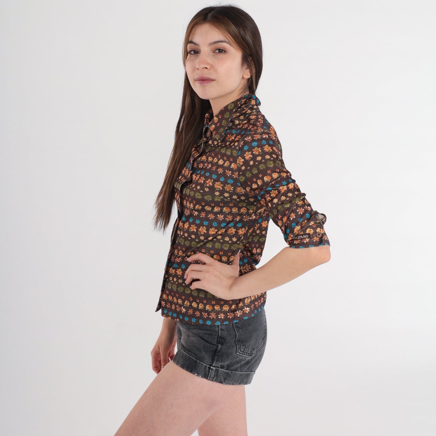 Y2K Brown Floral Button-Up Blouse Dagger Collar Long Sleeve Extra Small