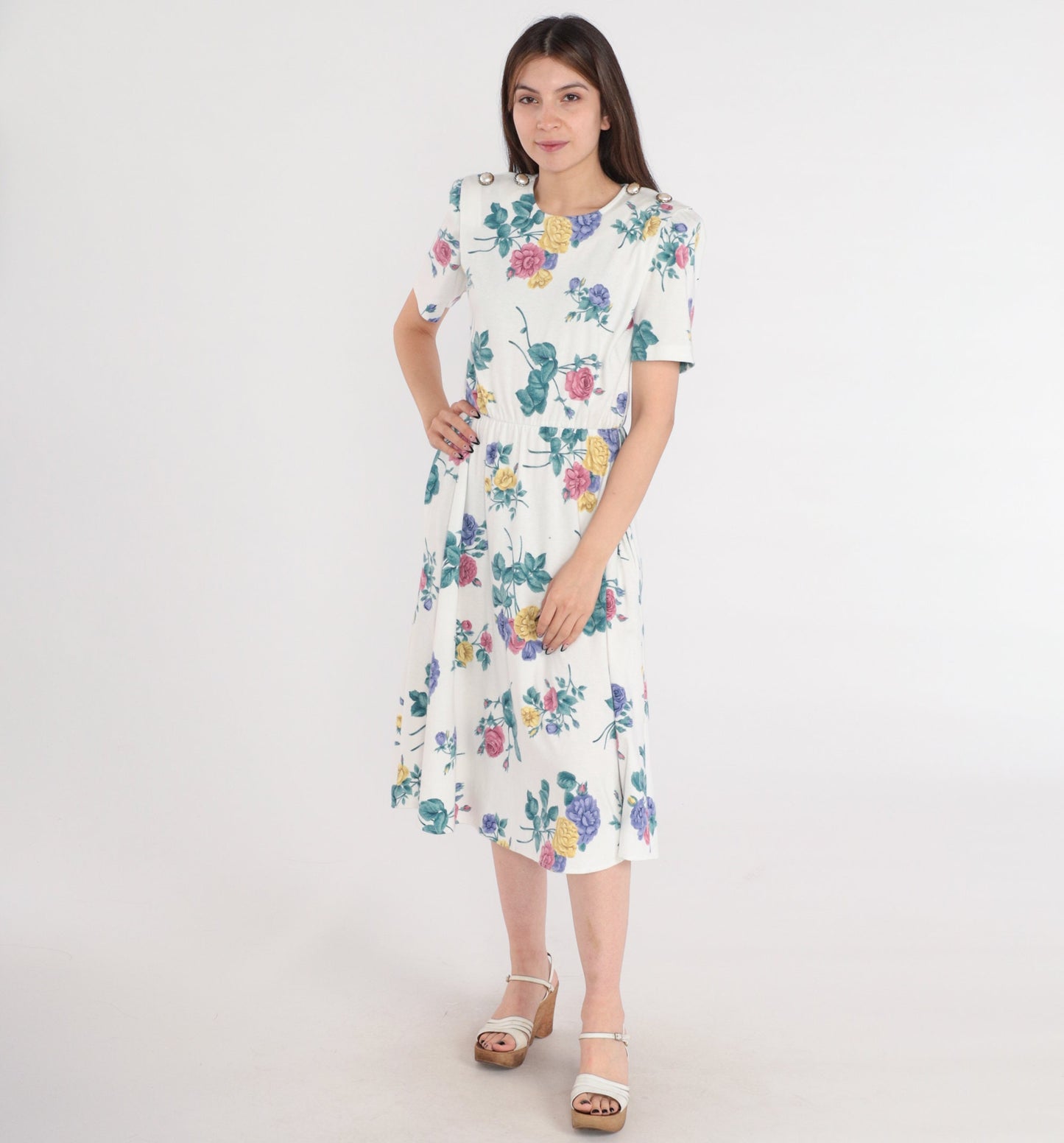 80s White Floral Midi Dress High Waist Puff Sleeve Button Shoulder Small