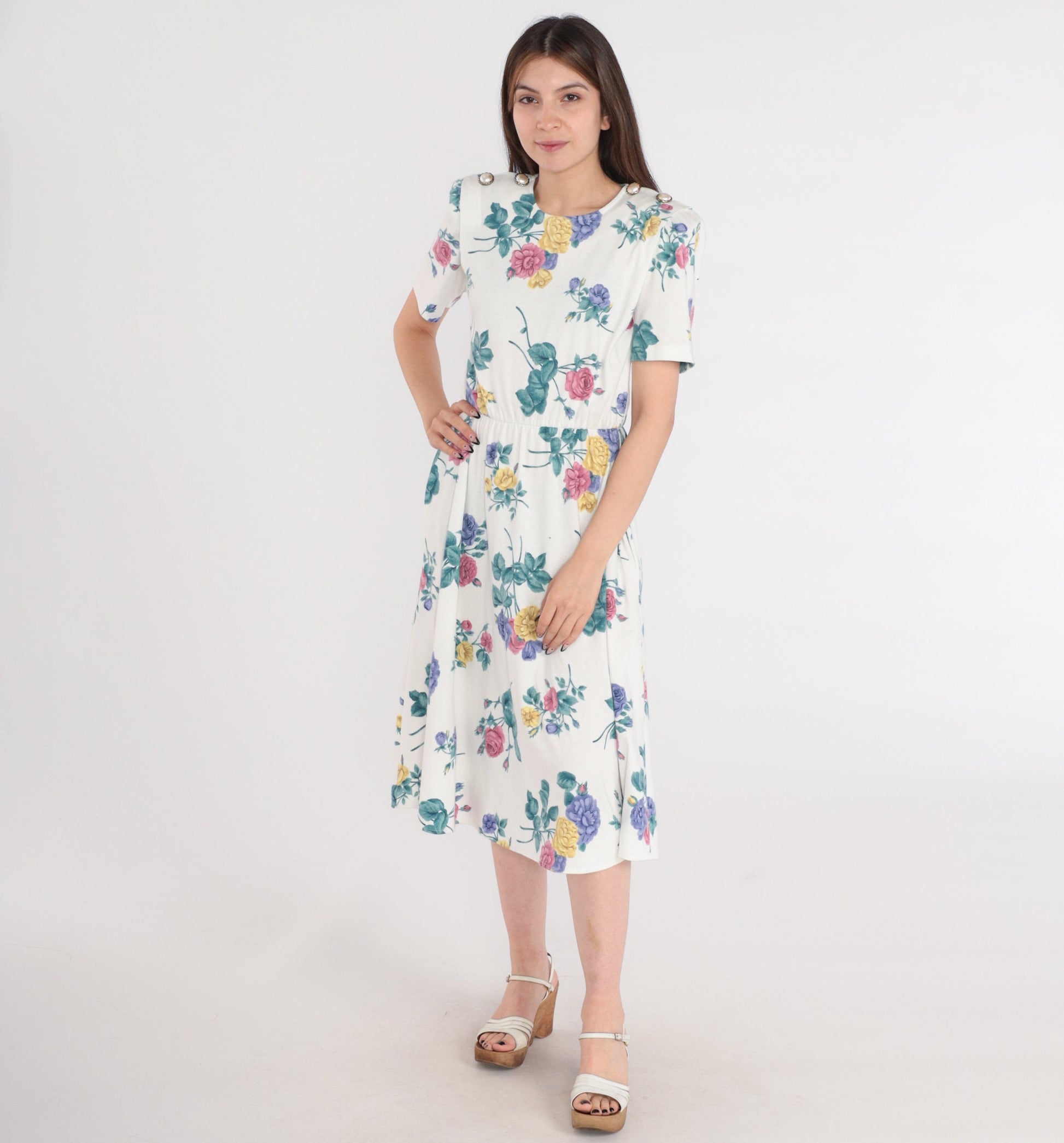 80s White Floral Midi Dress High Waist Puff Sleeve Button Shoulder Small