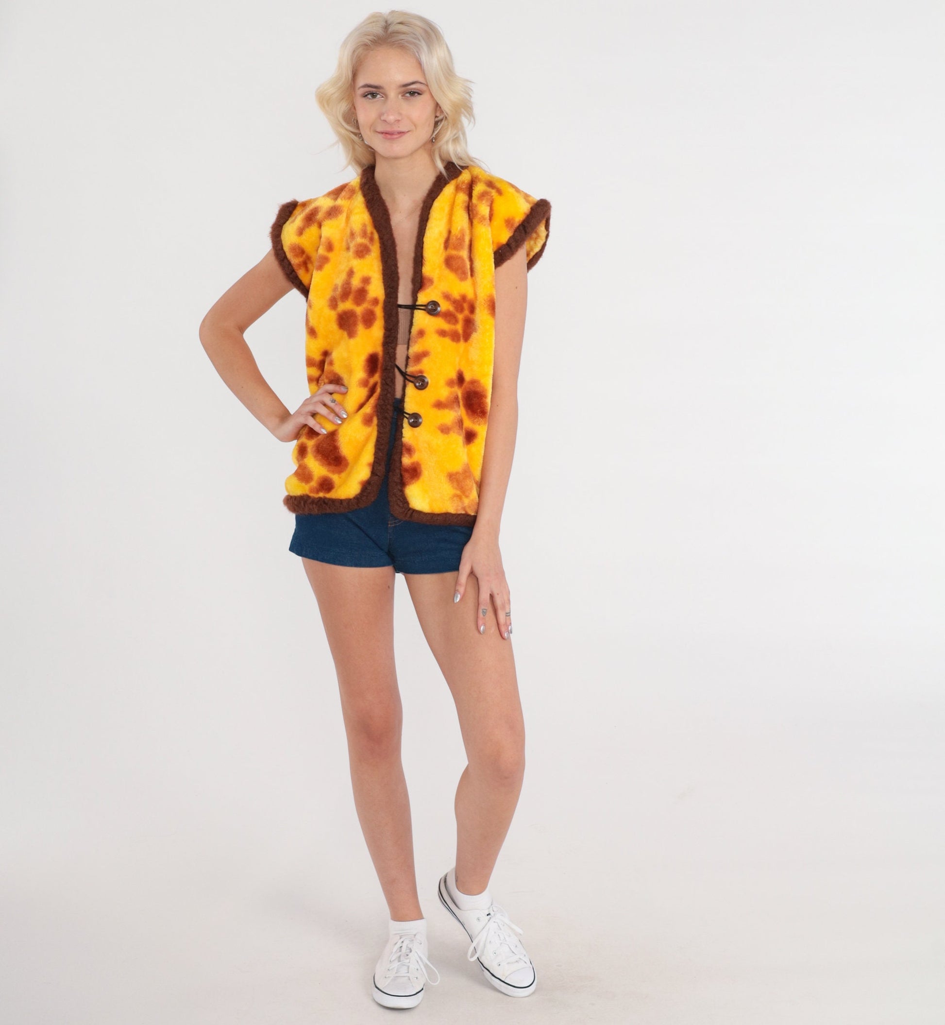80s Yellow Fleece Vest Paw Print Button-Up Medium