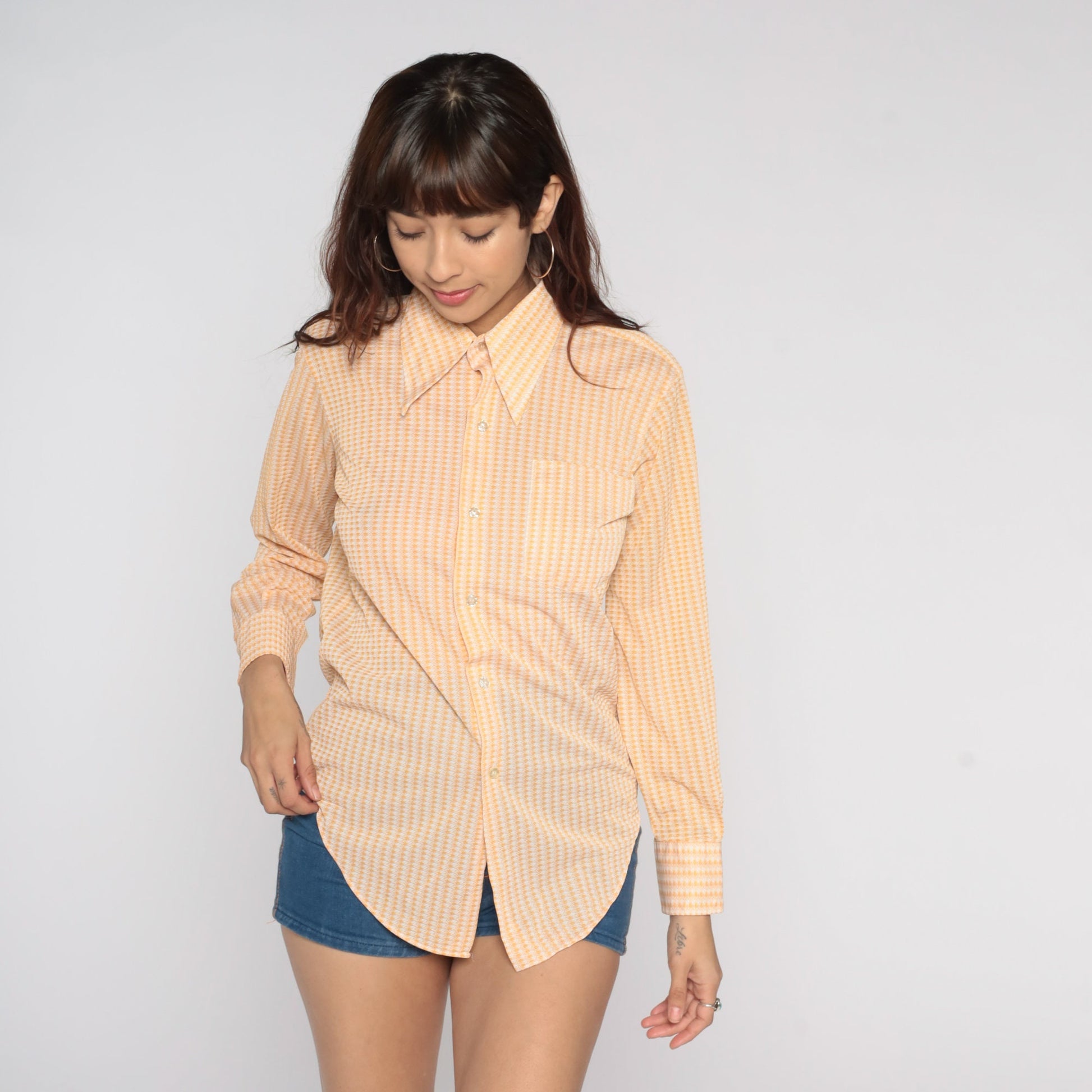 70s Checkered Dagger Collar Shirt Orange Plaid Button-Up Medium