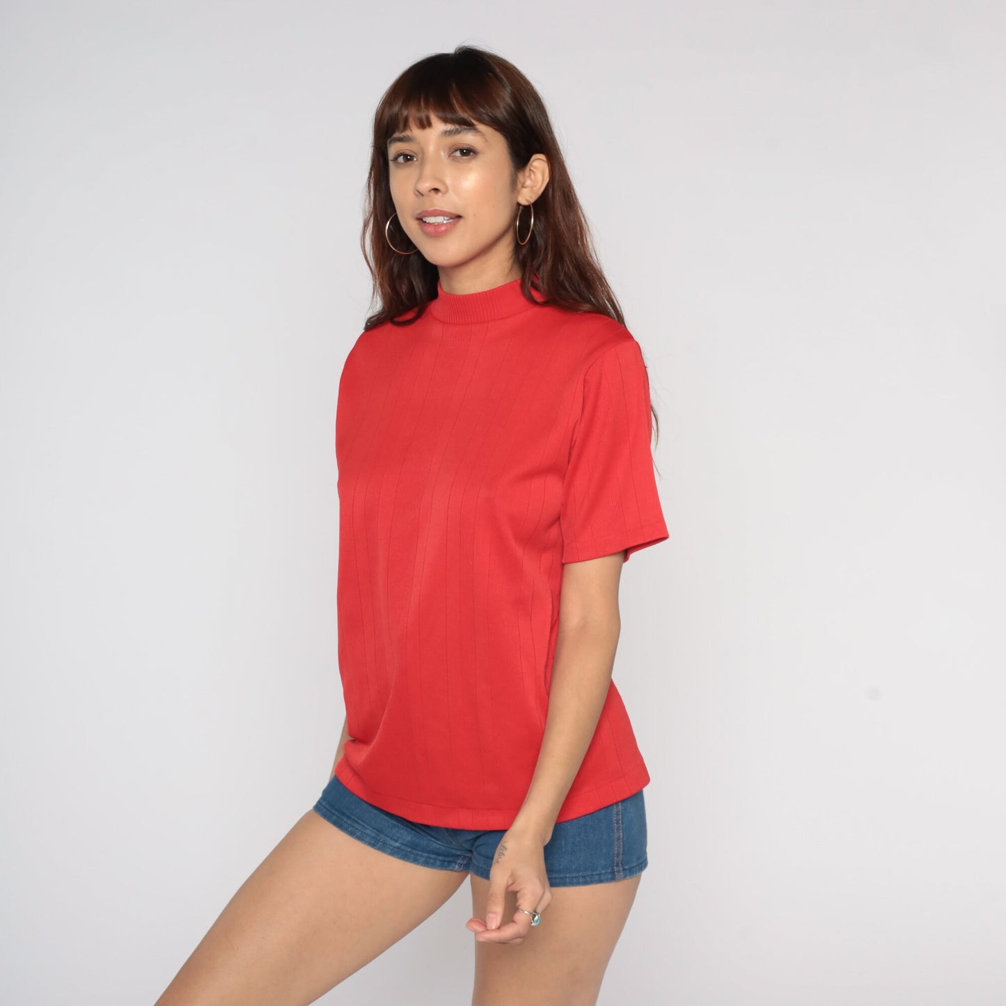 70s Red Mock Neck Ribbed Shirt Short Sleeve Vintage Blouse Medium Large