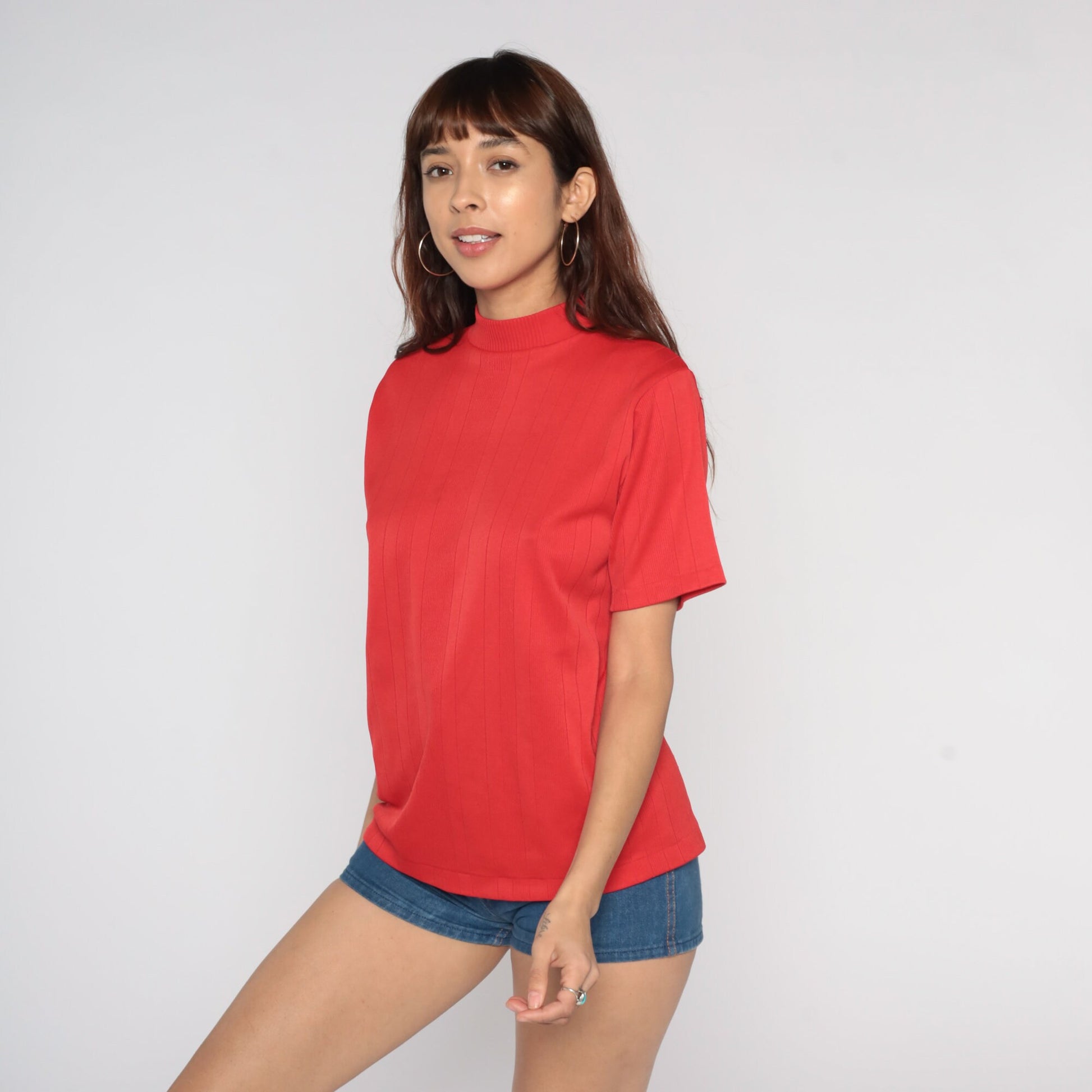 70s Red Mock Neck Ribbed Shirt Short Sleeve Vintage Blouse Medium Large