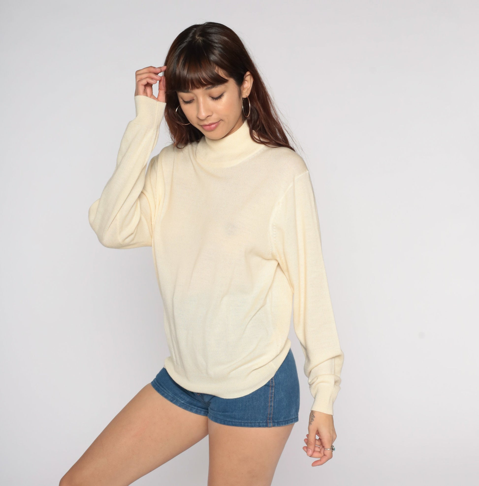 Y2K Merino Wool Mock Neck Sweater Cream Semi-Sheer Knit Small S