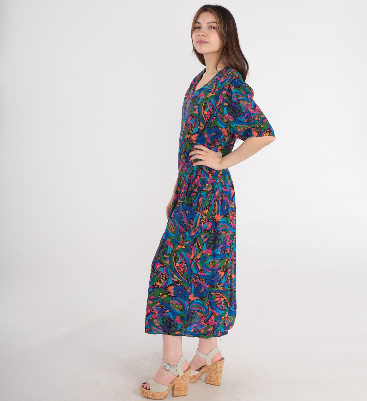 80s Paisley Floral Rayon Dress Drop Waist Pleated Midi Blue Pink Large L
