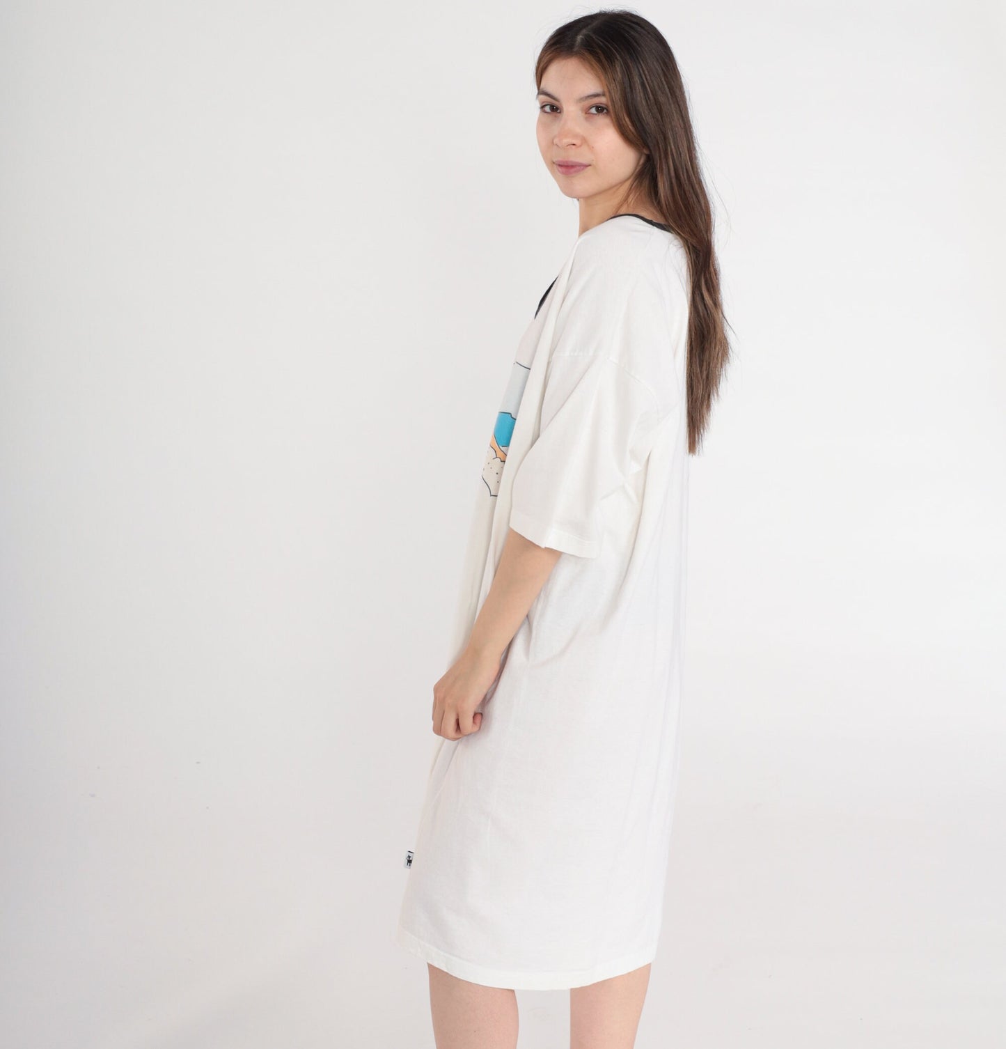 90s I'm In a Meeting Graphic T-Shirt Dress White Cotton Midi One Size