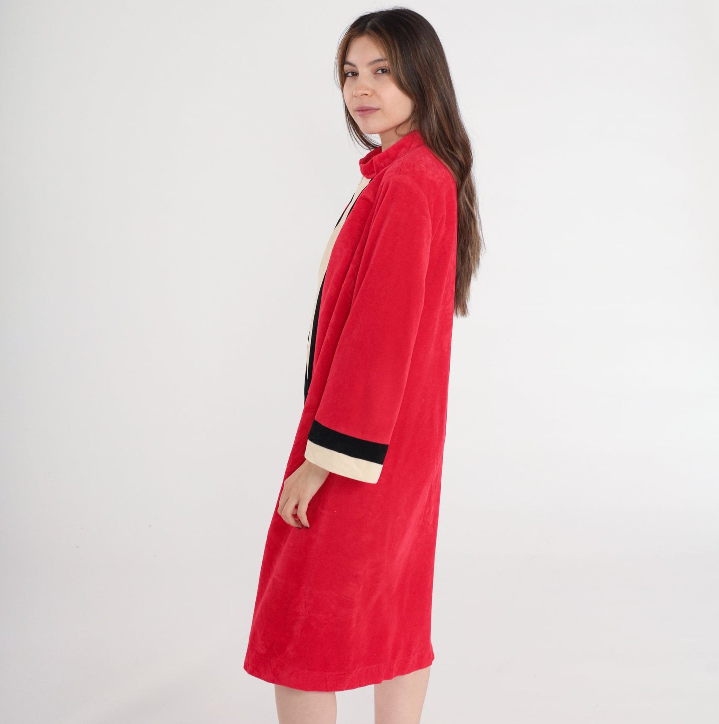 70s Red Striped Velour Robe Dress Mini Shift Front Zip Lounge Medium Large