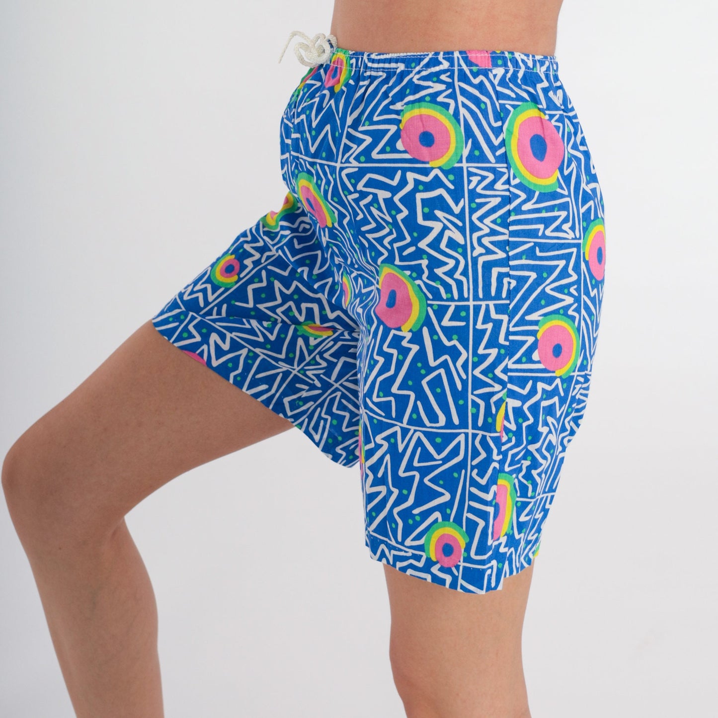 90s Blue Abstract Print Shorts High Drawstring Waist Wide Leg Extra Small