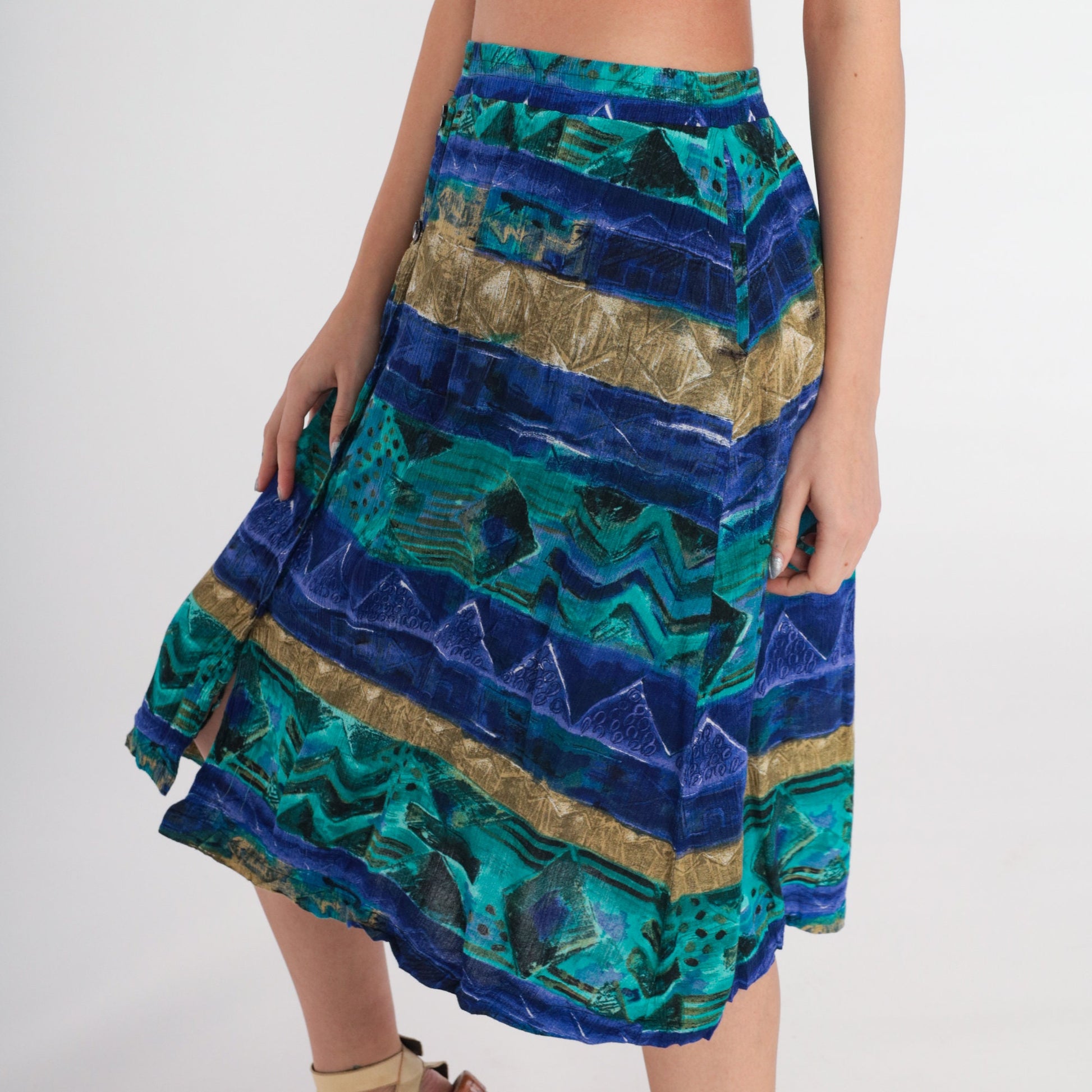 90s Abstract Striped Midi Skirt Button Front Blue High Waist Extra Large XXL