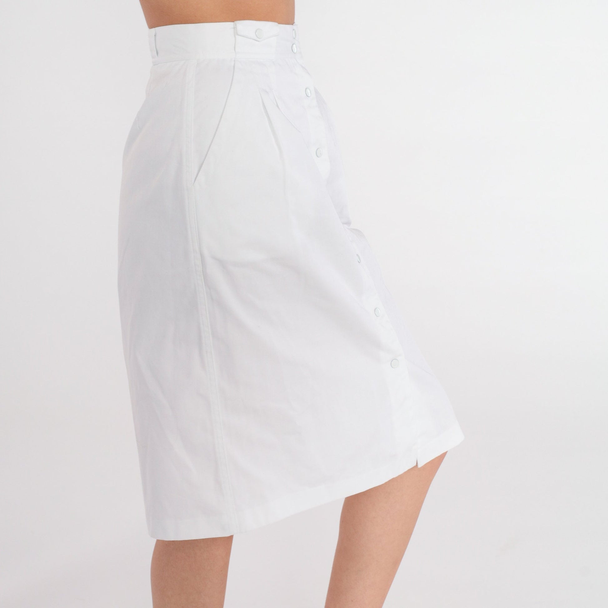 80s Chaus Petites White Snap-Front Pencil Skirt High Waist Knee Length Extra Small