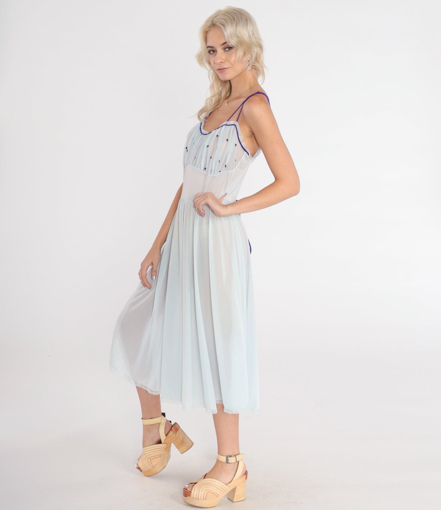 70s Sheer Blue Nightgown Floral Embroidered Lace Trim Empire Waist Midi Small