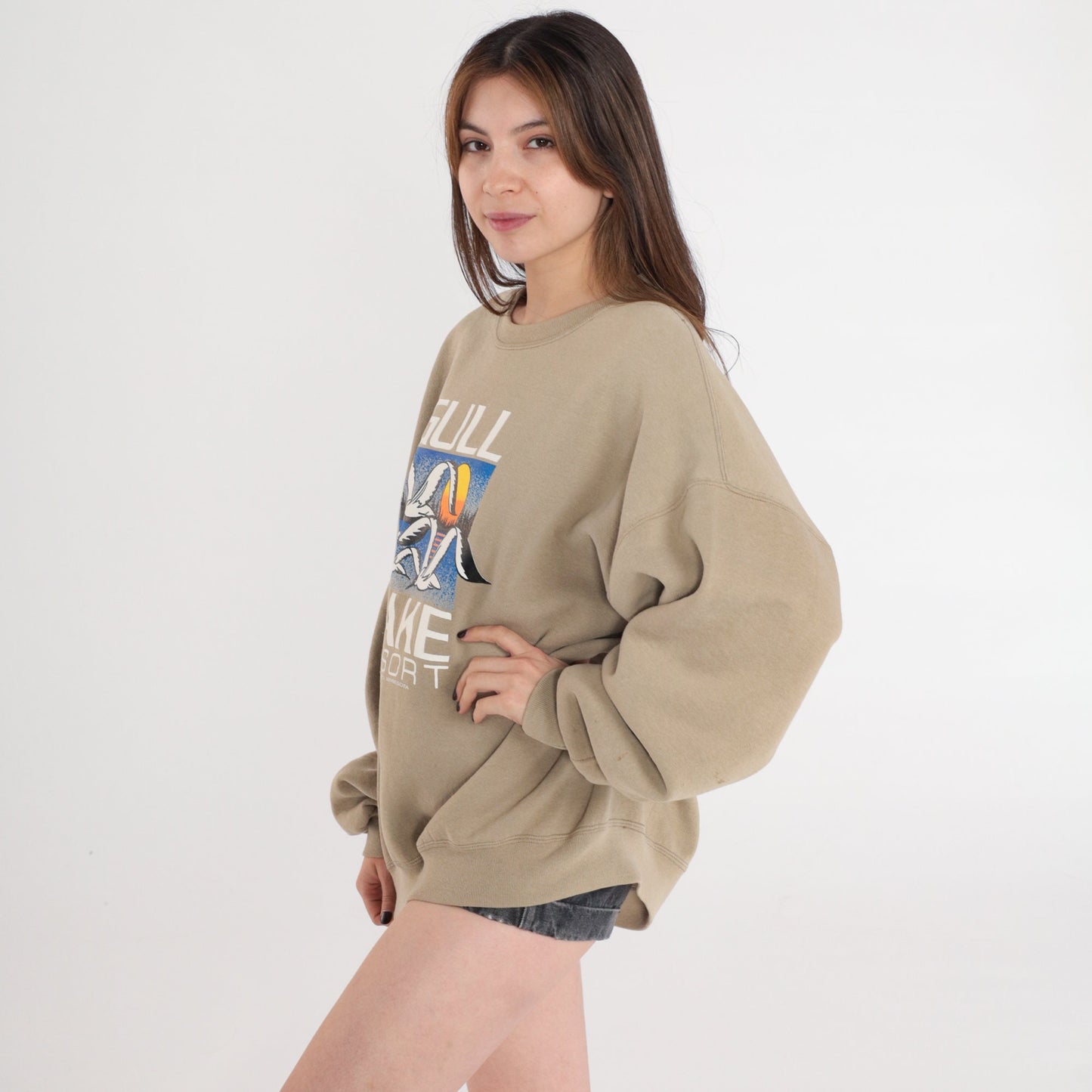 80s Gull Lake Resort Brainerd Minnesota Sweatshirt Seagull Sunset Taupe Extra Extra Large XXL
