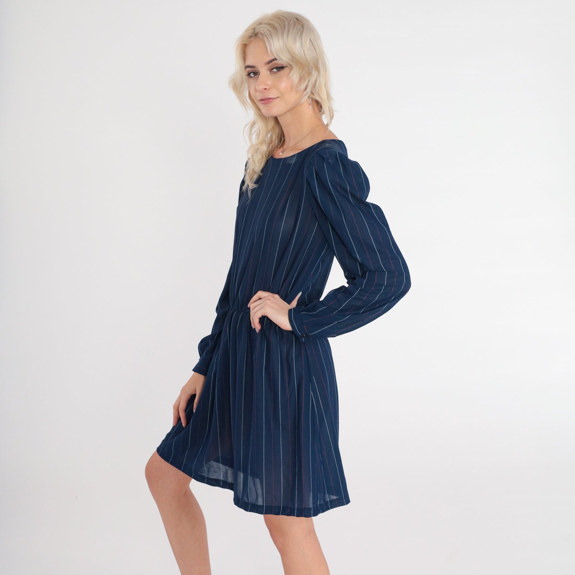 70s Navy Pinstriped Mini Dress Puff Sleeve High Waist Keyhole Back Small Medium