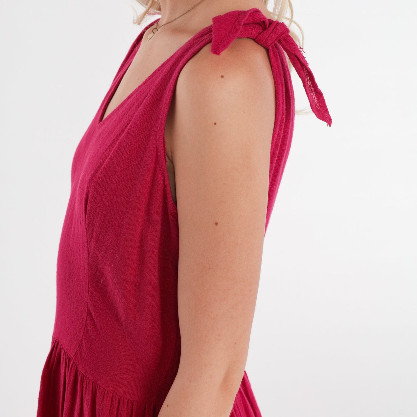80s Berry Red Mini Sundress Sleeveless High Waist V Neck Pockets Small