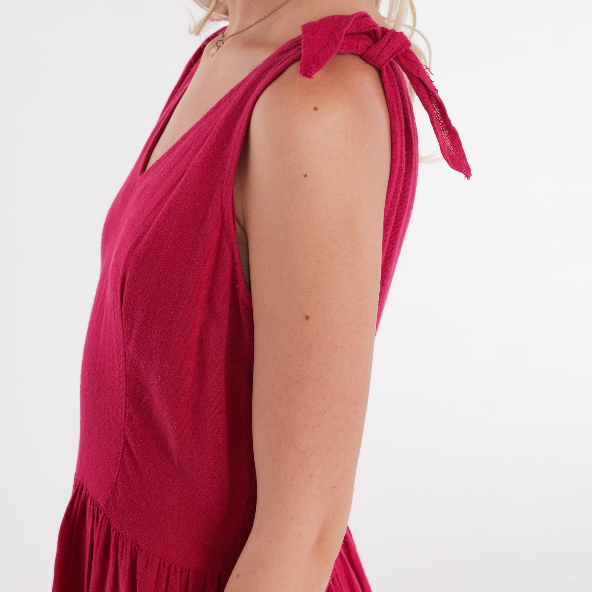 80s Berry Red Mini Sundress Sleeveless High Waist V Neck Pockets Small
