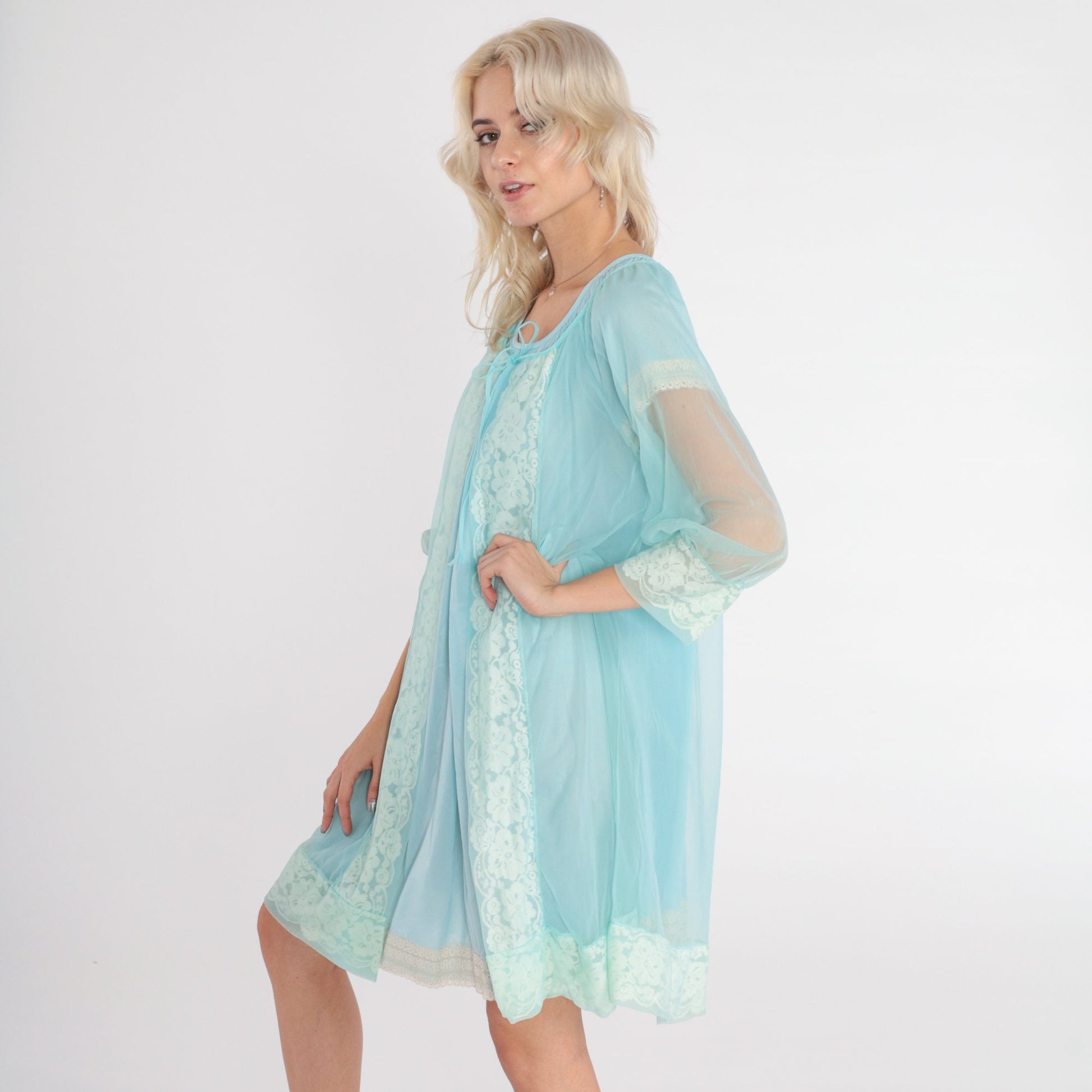 70s Sheer Blue Nylon Lingerie Robe Lace Trim Tie Front Medium M
