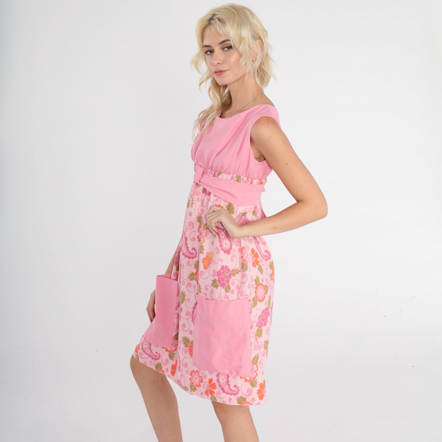 70s Pink Floral Empire Waist Mini Dress Sleeveless Tie Belt Pockets XS
