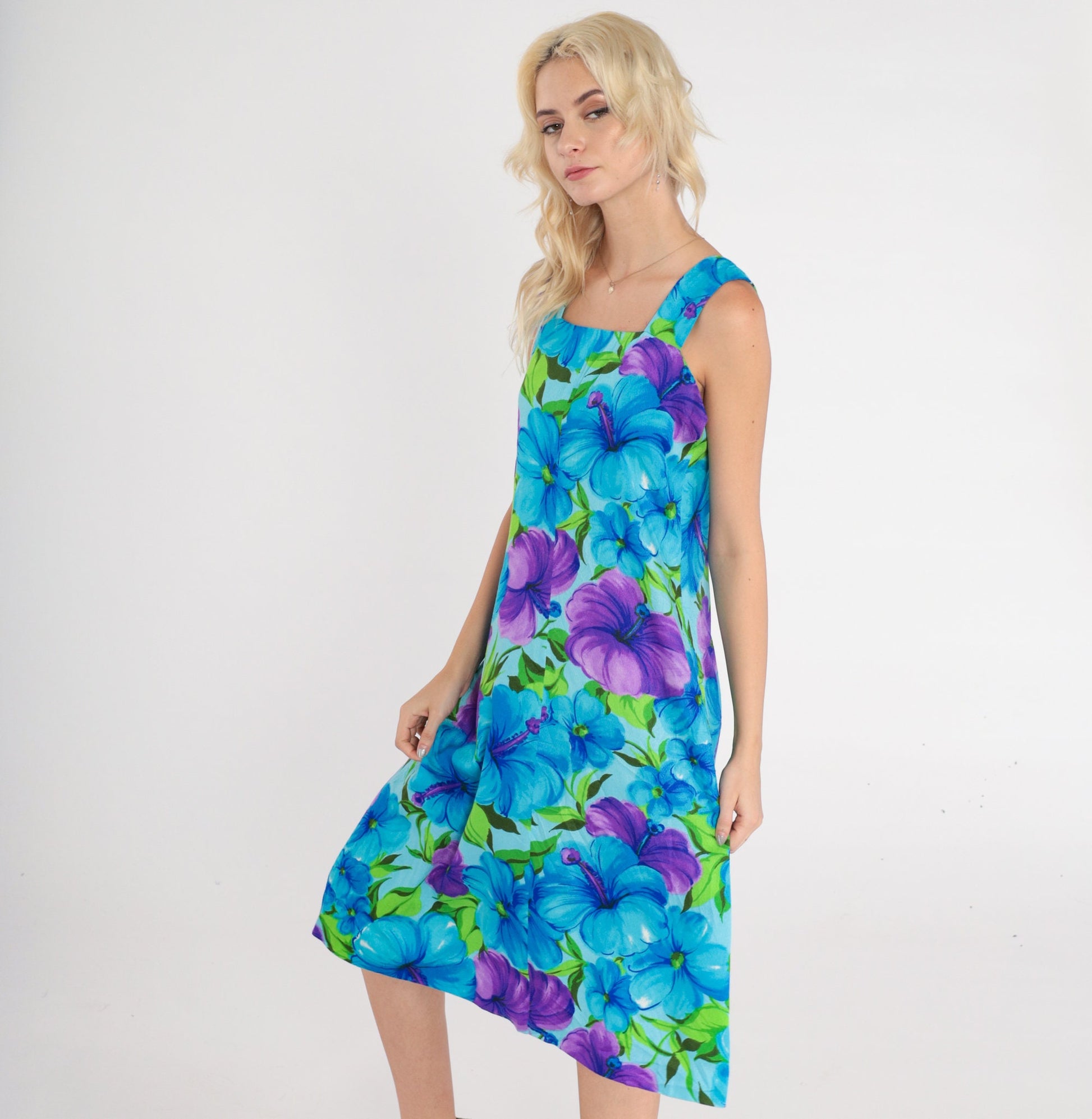 70s Tropical Floral A-Line Sundress Sleeveless Knee-Length Cotton Small