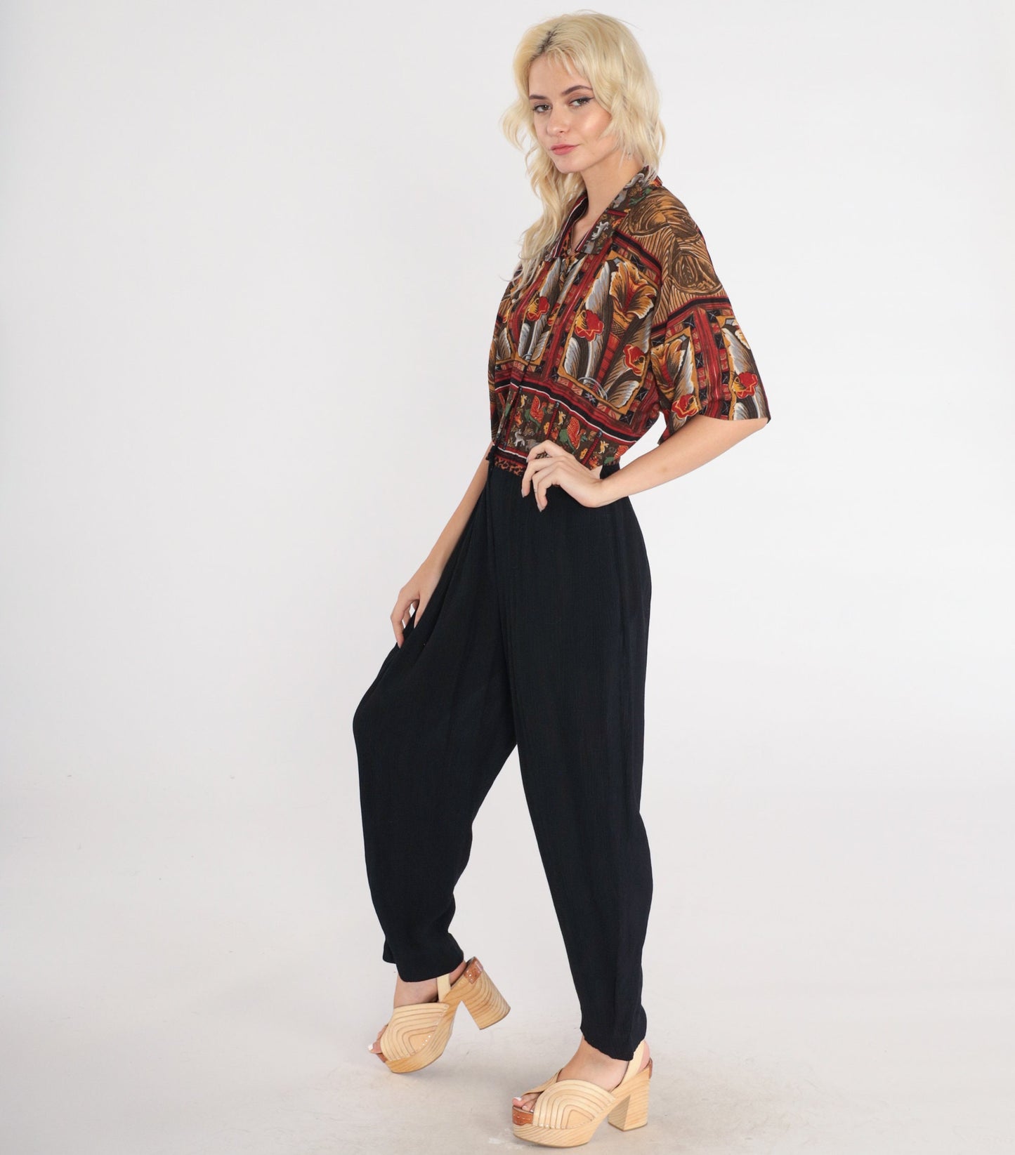 90s Phoebe Abstract Floral Griffin Jumpsuit High-Waisted Tapered Black Large