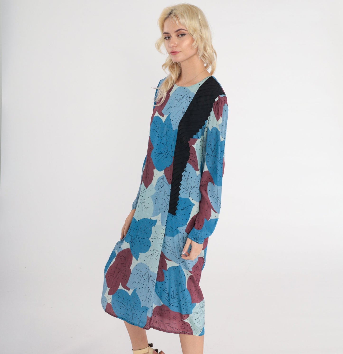 80s Leaf Polka Dot Midi Dress Long Sleeve Black Layered Shift Large L