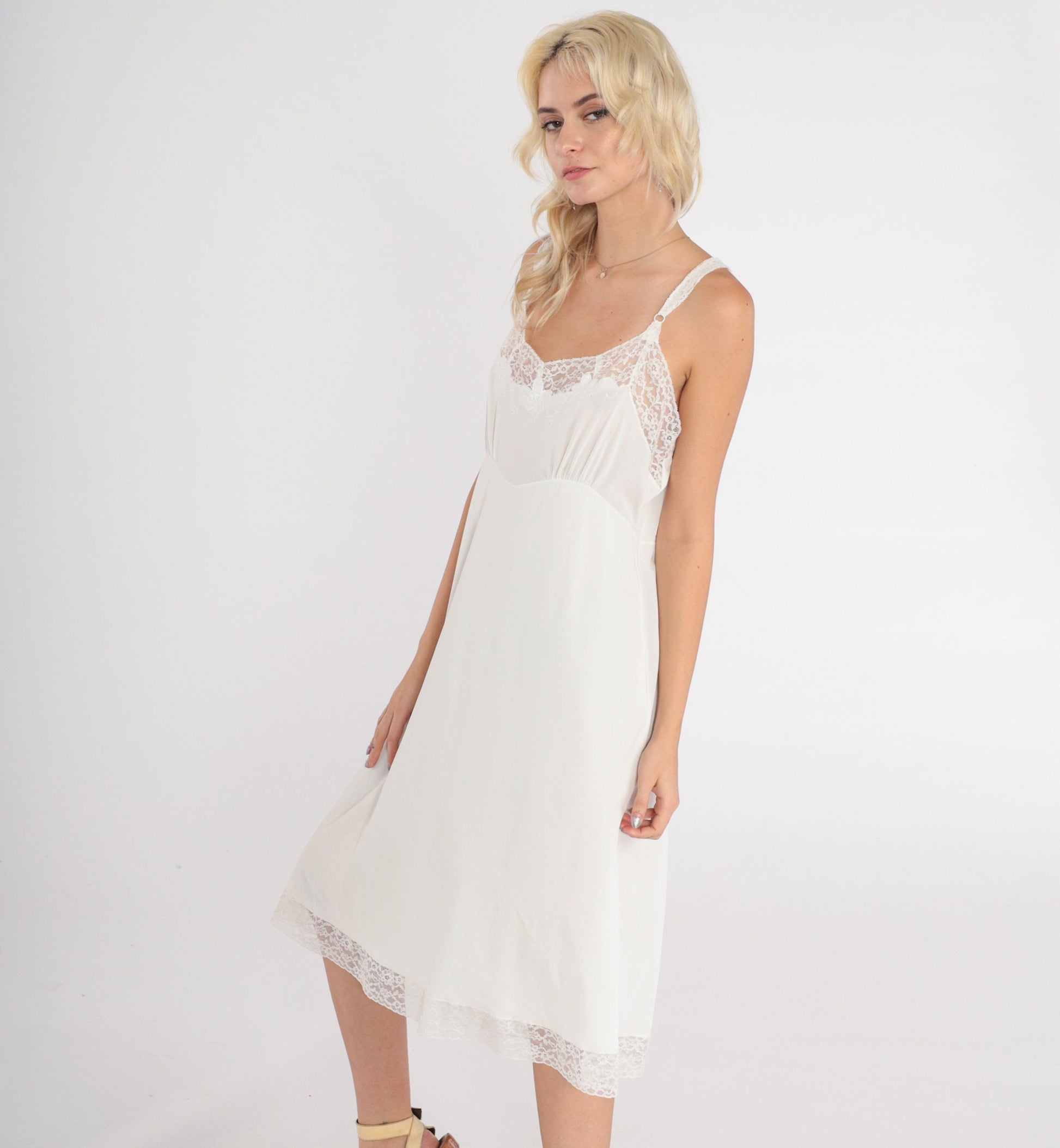 70s White Lace Trim Slip Dress Empire Waist Midi Nylon Nightgown Medium M