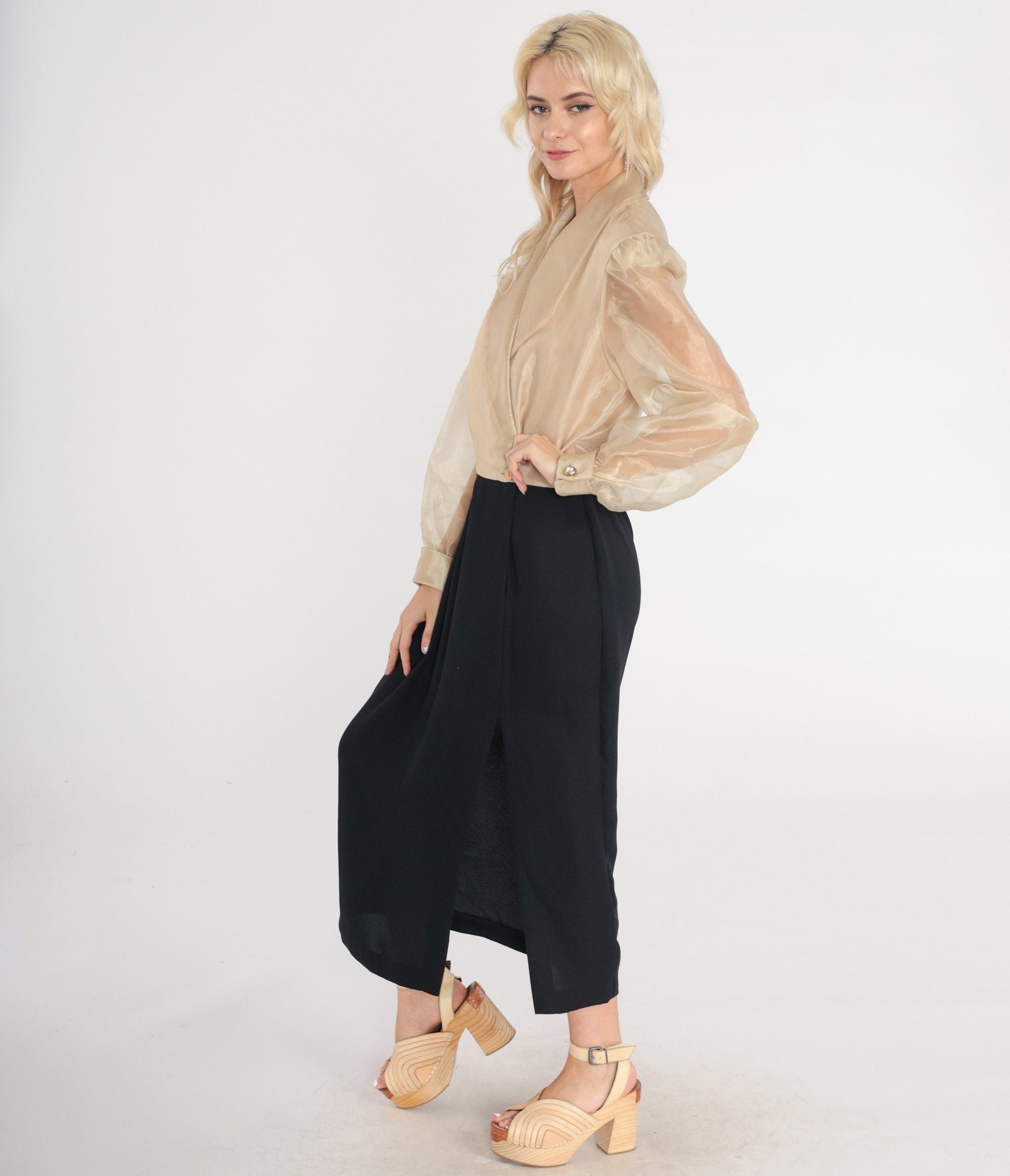 90s Metallic Gold Black Maxi Dress Sheer Sleeve Wrap Collar High Slit Small