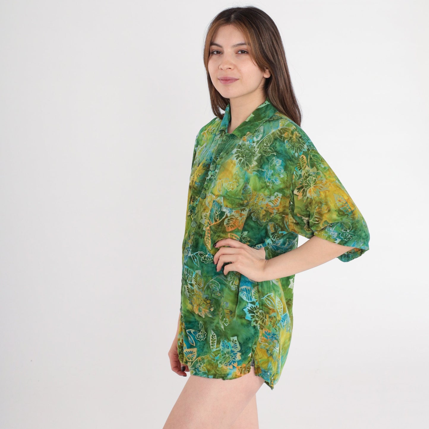 90s Tropical Floral Button Up Shirt Green Tie Dye Men's Large